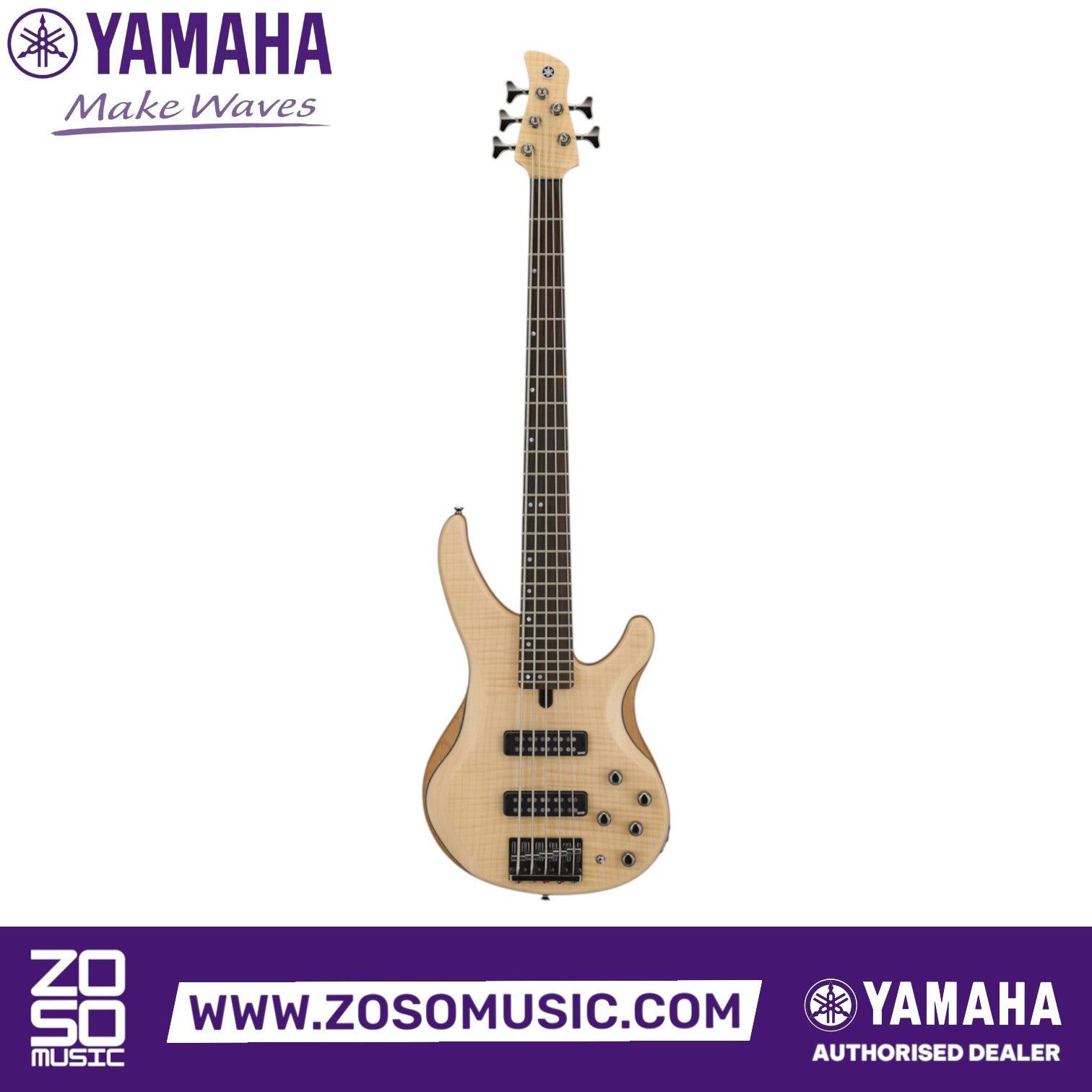Zoso Music Yamaha TRBX605FM 5-string bass guitar with natural satin flamed maple top and rosewood fretboard