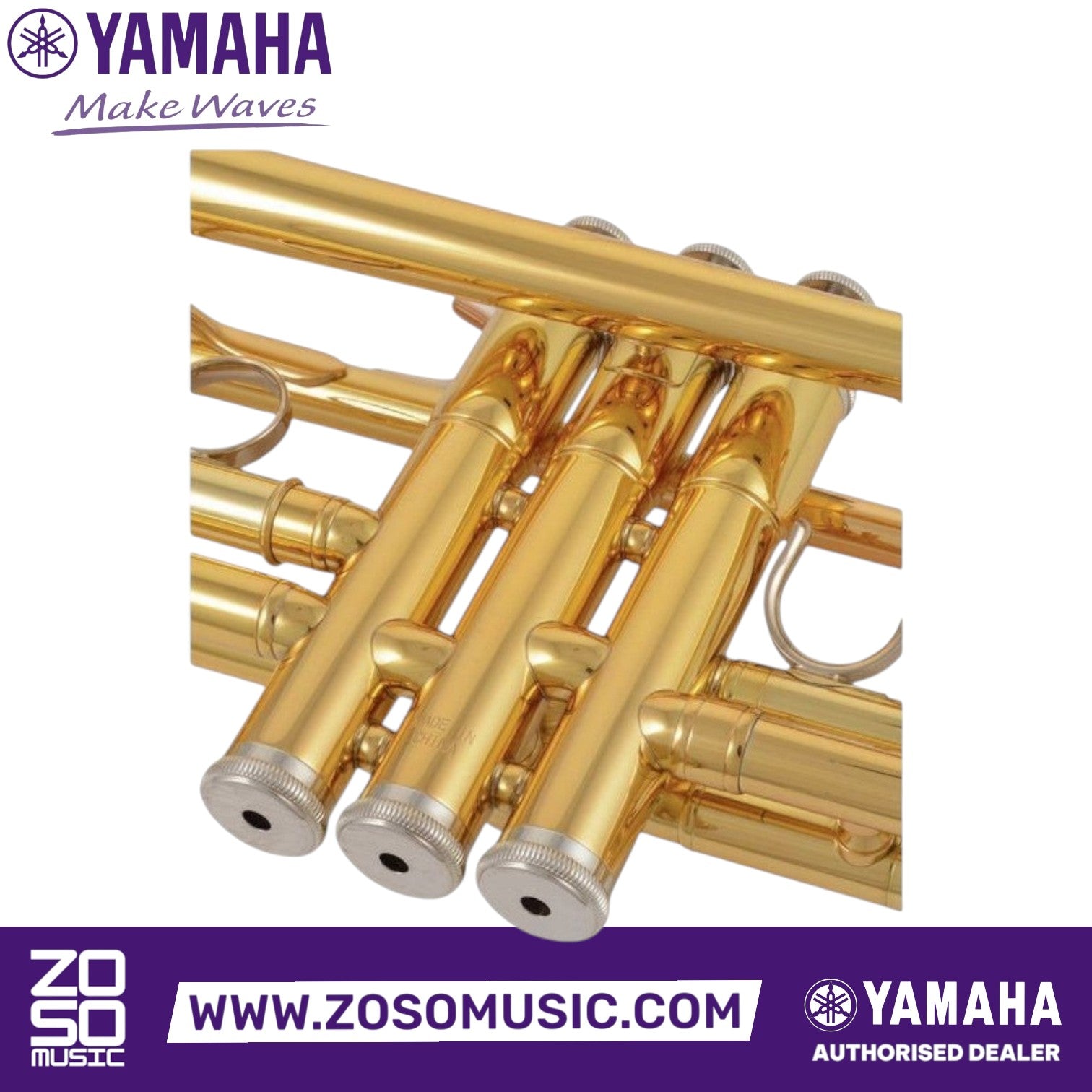 Zoso Music Yamaha YTR-4435II Bb/C trumpet featuring gold lacquer finish, monel valves, and heavy valve caps.