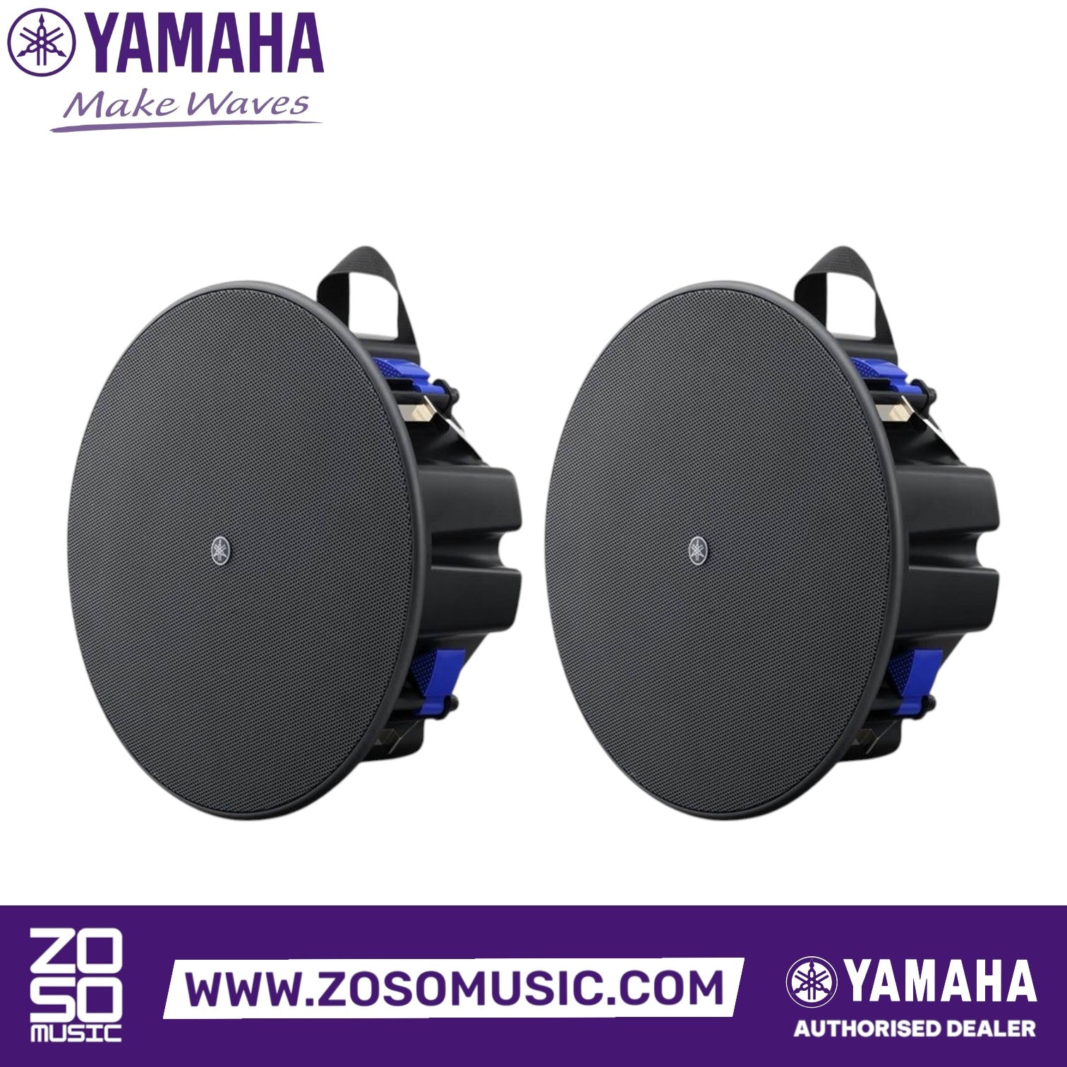 Zoso Music pair of black Yamaha VXC3F 3.5-inch low-profile full-range ceiling speakers for commercial audio systems.