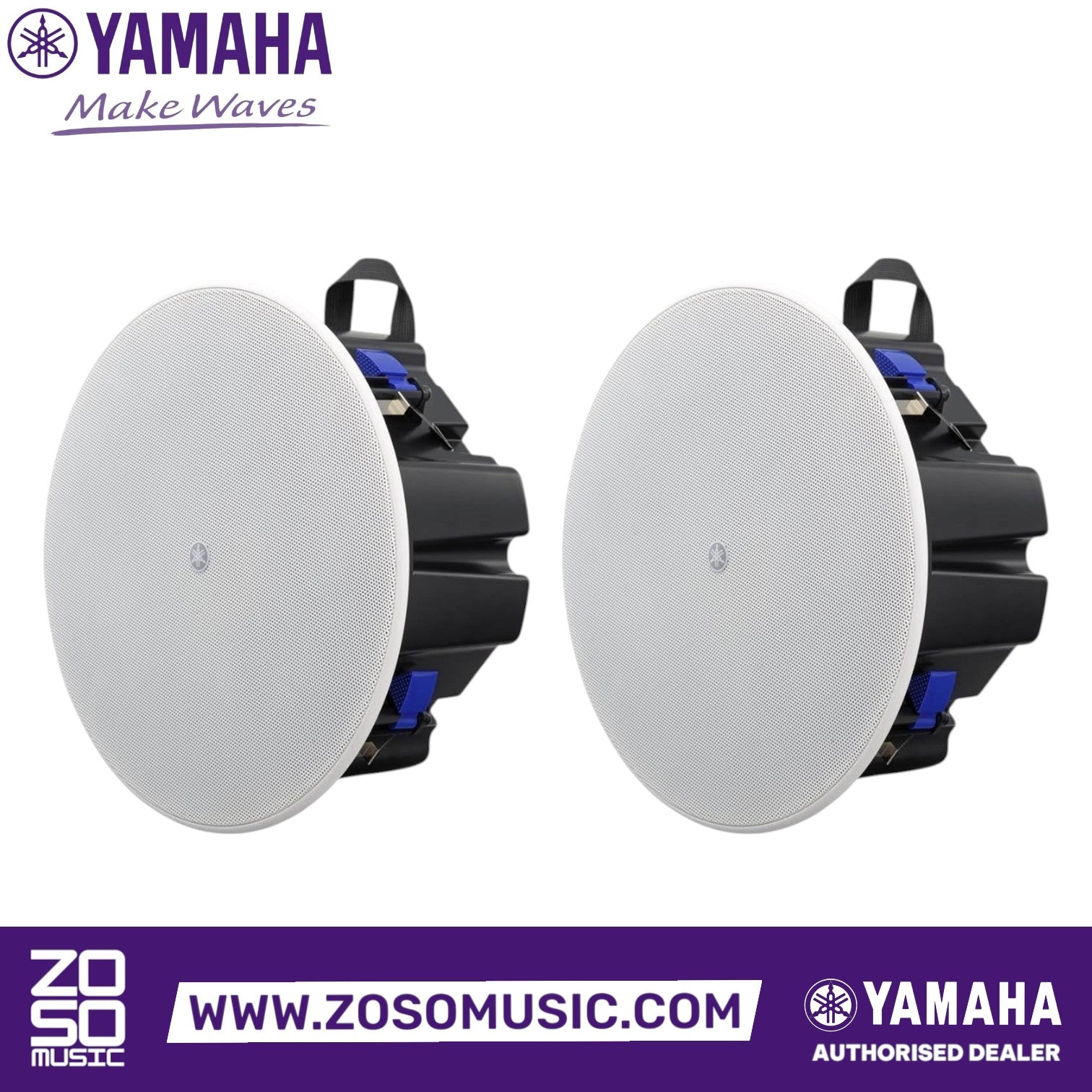 Zoso Music pair of white Yamaha VXC3FW low-profile ceiling speakers with magnetic grilles for commercial audio