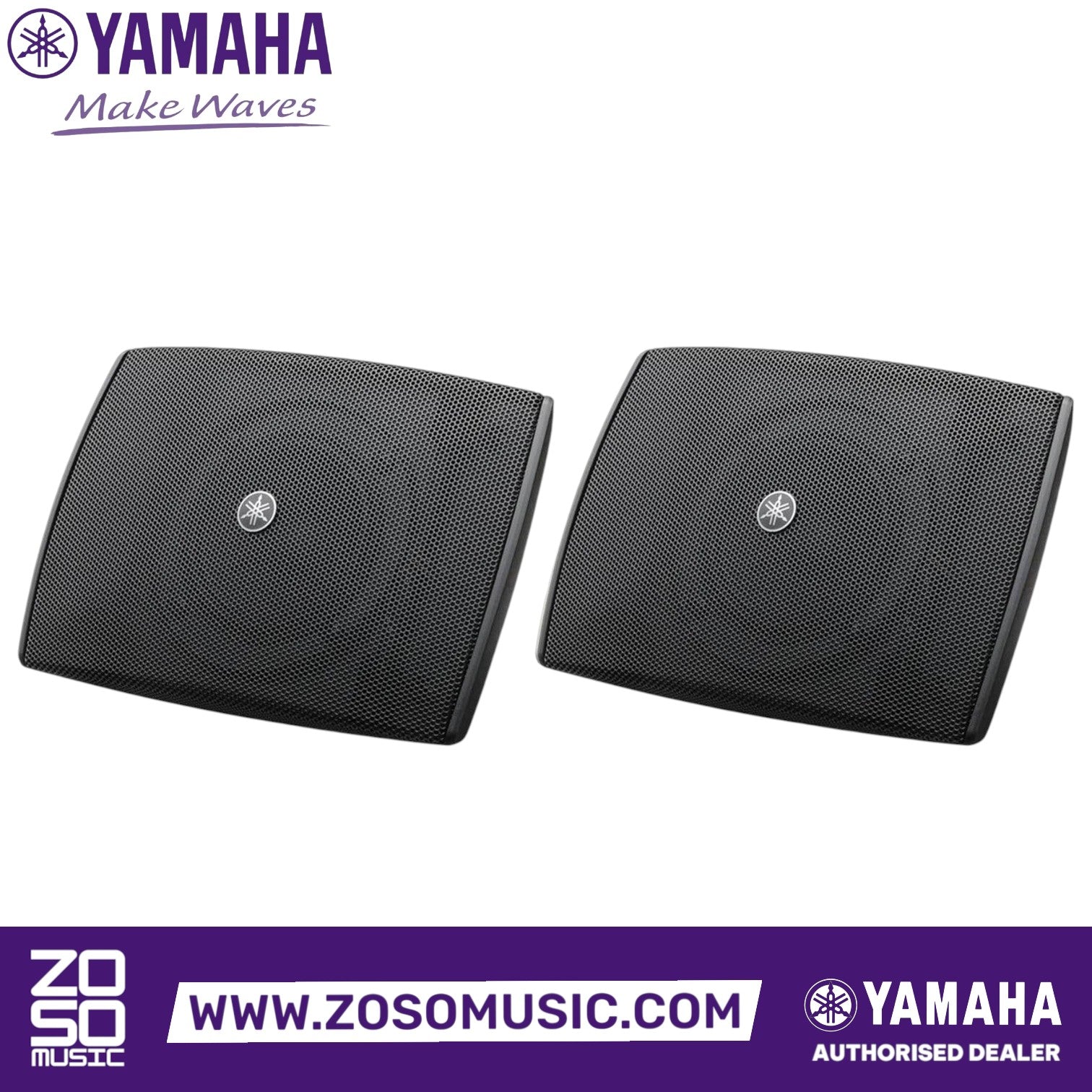 Zoso Music pair of black Yamaha VXS3F compact surface mount speakers with minimalist curved design and mesh grilles.
