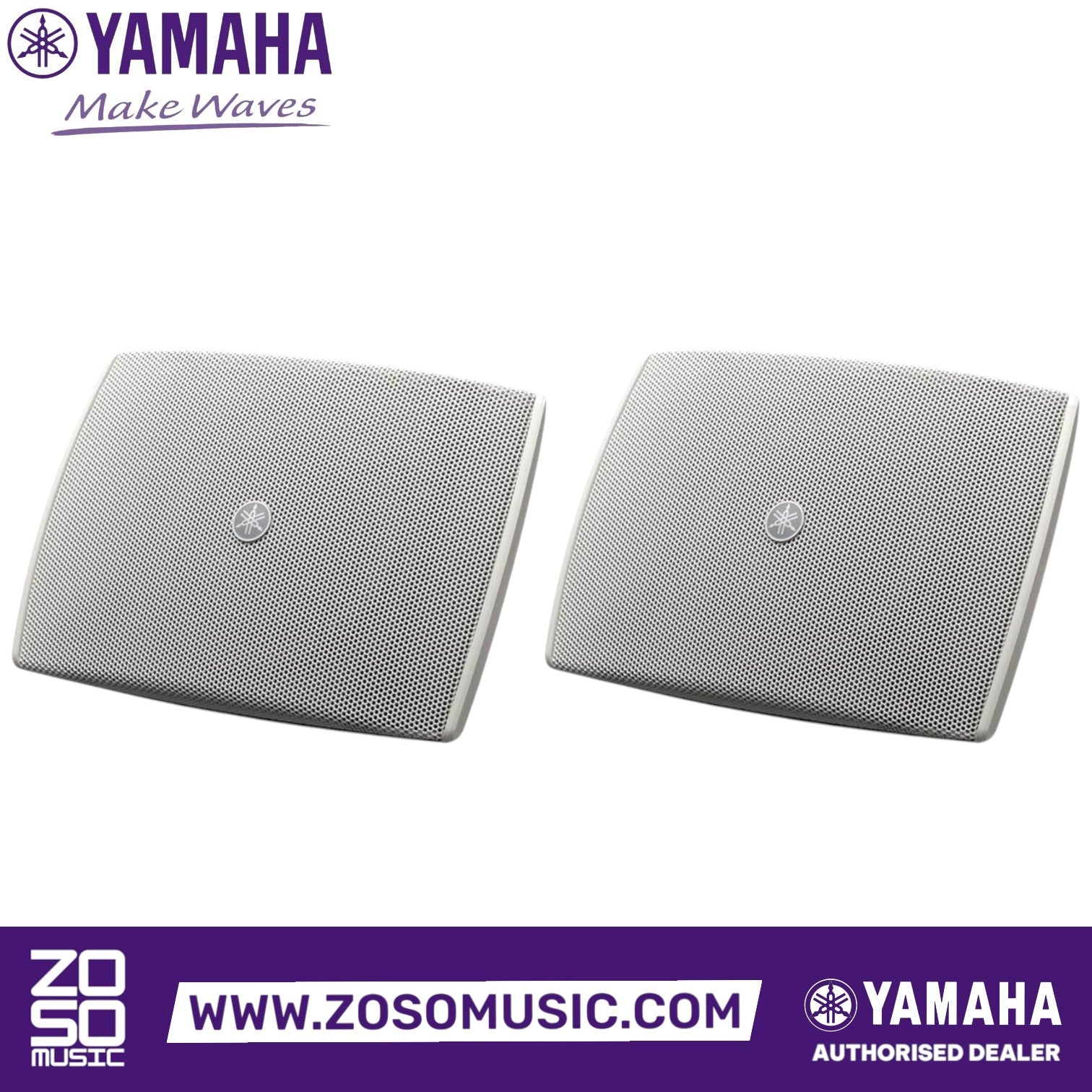 Zoso Music pair of white Yamaha VXS3FW compact surface mount speakers with minimalist design and front grilles