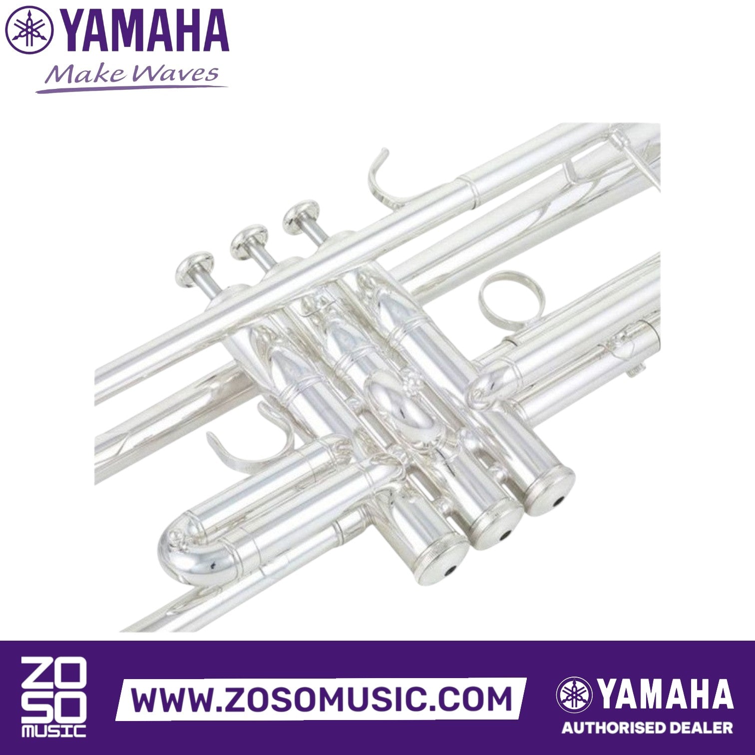 Zoso Music Yamaha YTR-8345GS Xeno Series Bb trumpet in silver finish showing valve block and finger buttons