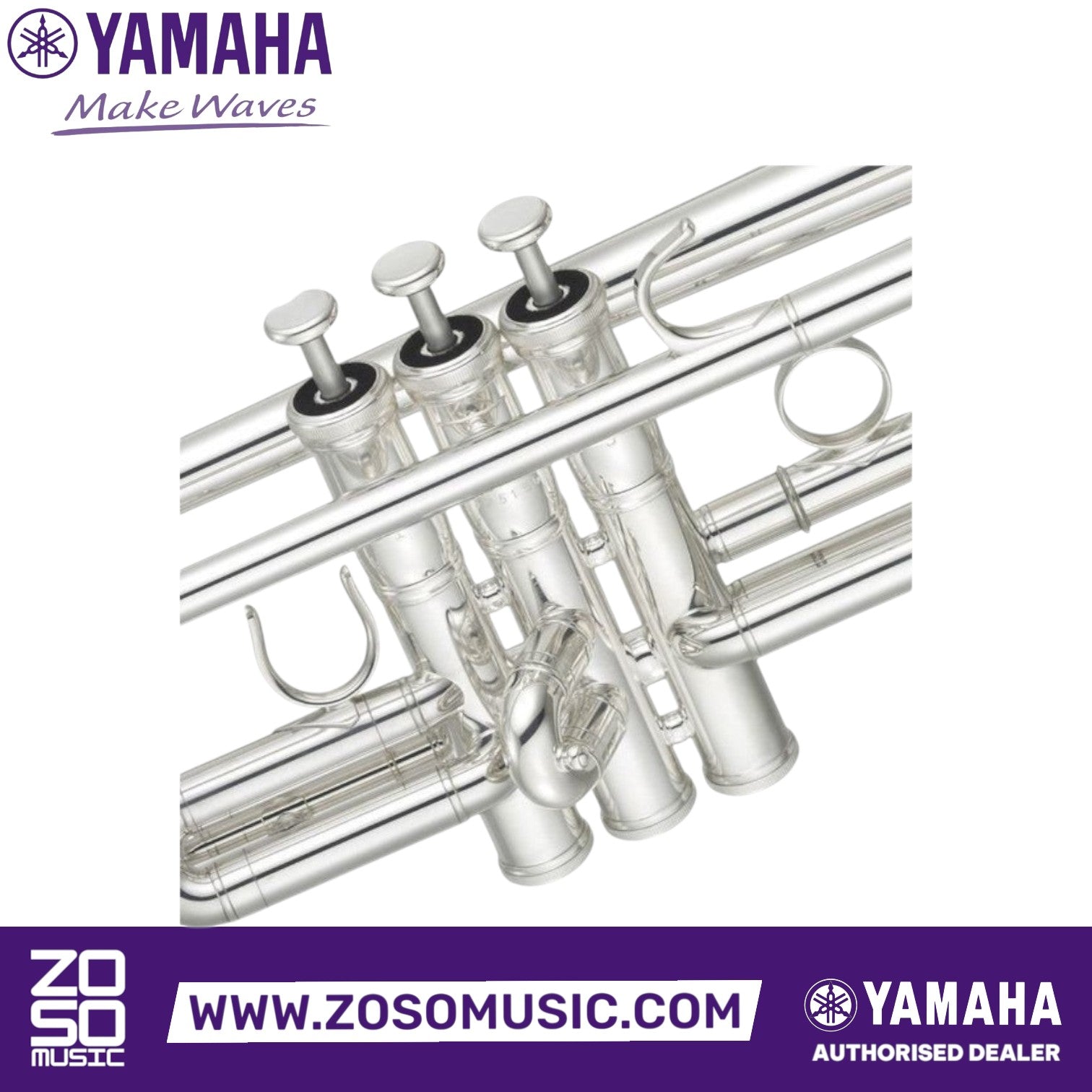 Zoso Music Yamaha YTR-8335GS Custom Xeno Bb trumpet featuring a polished silver-plated finish and professional valves