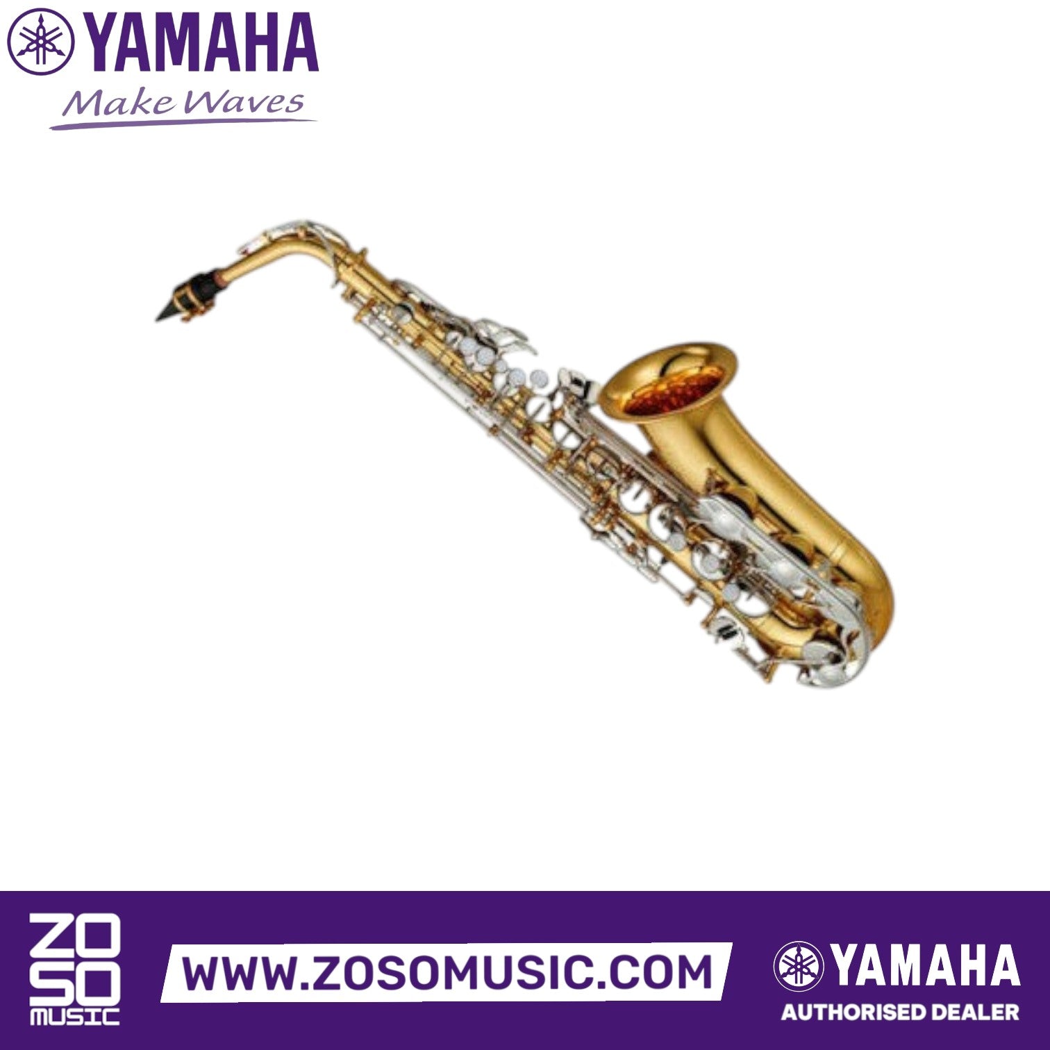 Zoso Music Yamaha YAS-26 alto saxophone with gold lacquer finish and nickel-plated keys on a white background