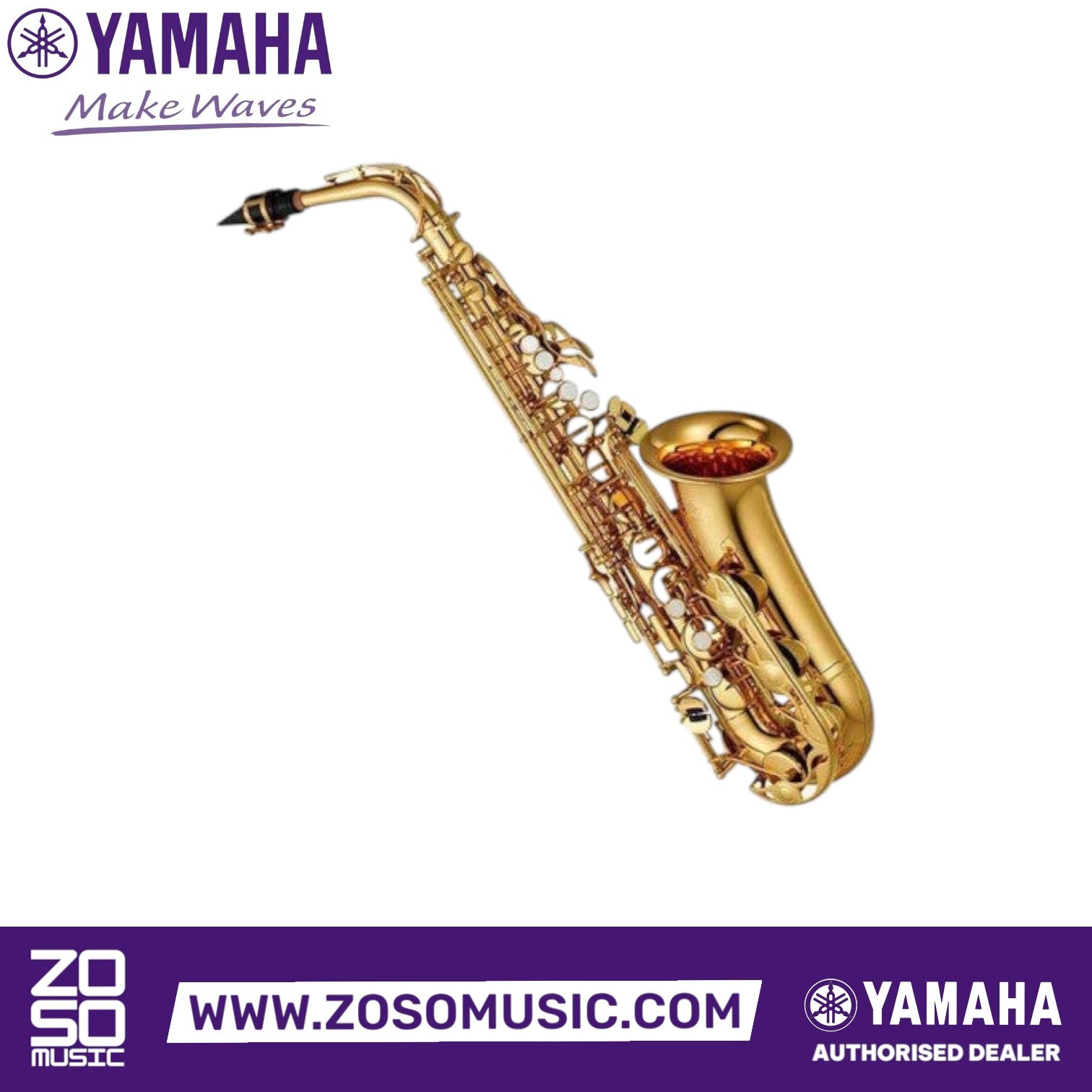Zoso Music Yamaha YAS-280 student alto saxophone in gold lacquer brass finish with detailed key mechanism
