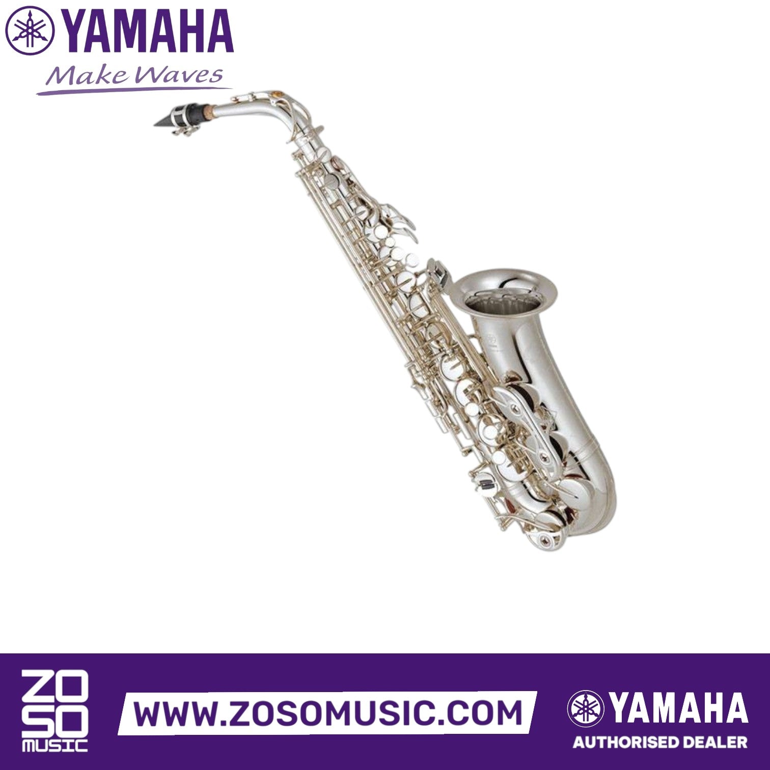 Zoso Music Yamaha YAS-62S professional alto saxophone in silver-plated brass with hand-engraved bell and white keys.