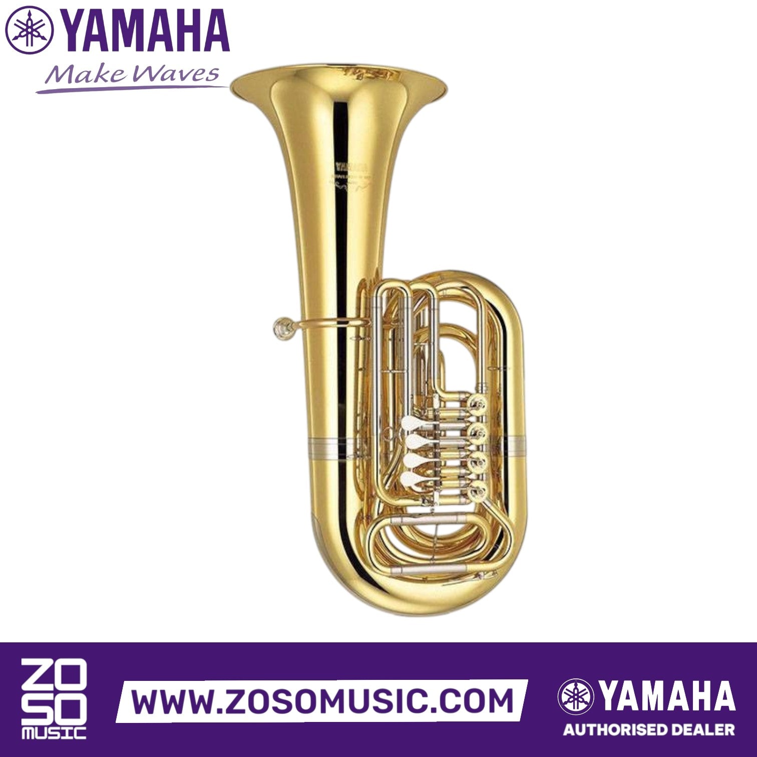 Zoso Music Yamaha YBB-641 professional 4/4 BBb rotary tuba in yellow brass with upright bell and front rotary valves