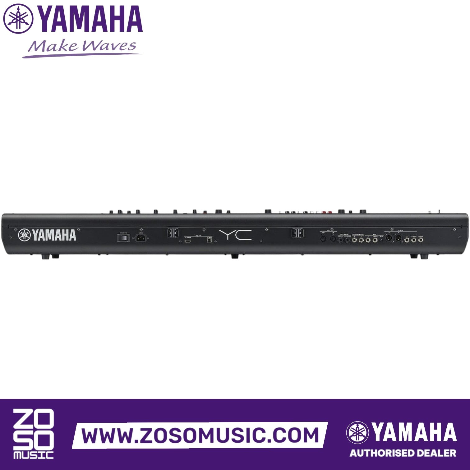 Zoso Music Yamaha YC88 stage keyboard rear panel showing input and output ports, power connection, and branding.