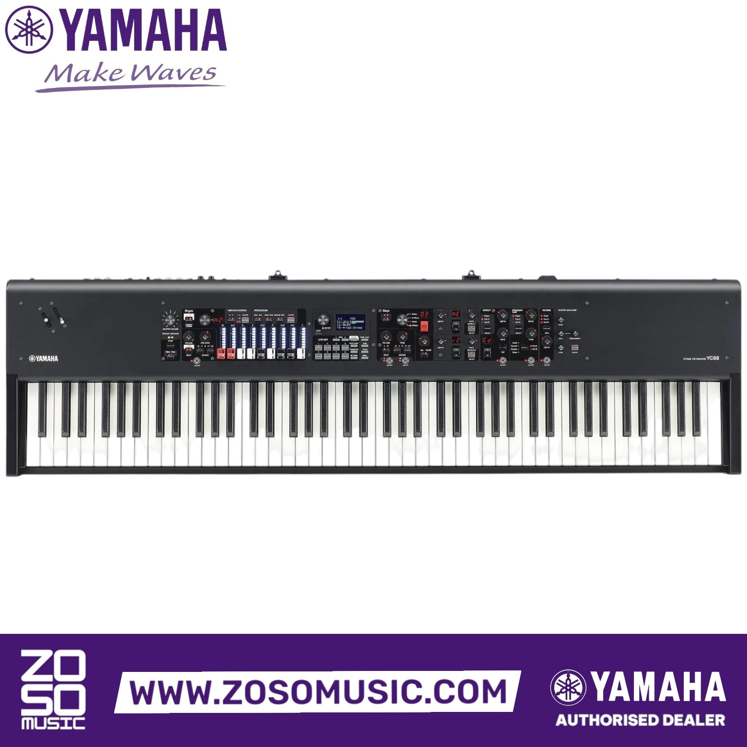 Zoso Music Yamaha YC88 88-key stage keyboard with weighted hammer-action keys, drawbars, and professional controls.