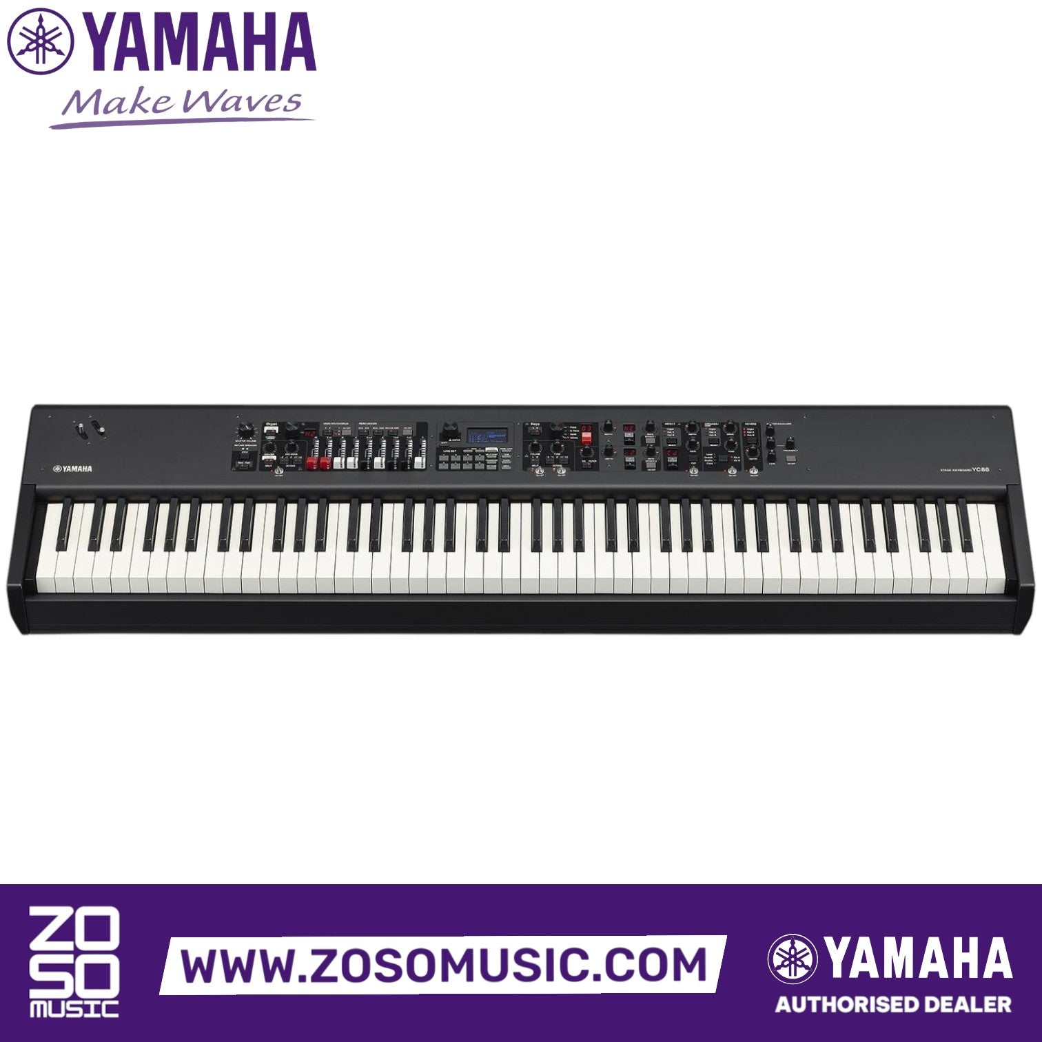 Zoso Music Yamaha YC88 88-key stage keyboard with weighted hammer-action keys, drawbars, and professional controls.