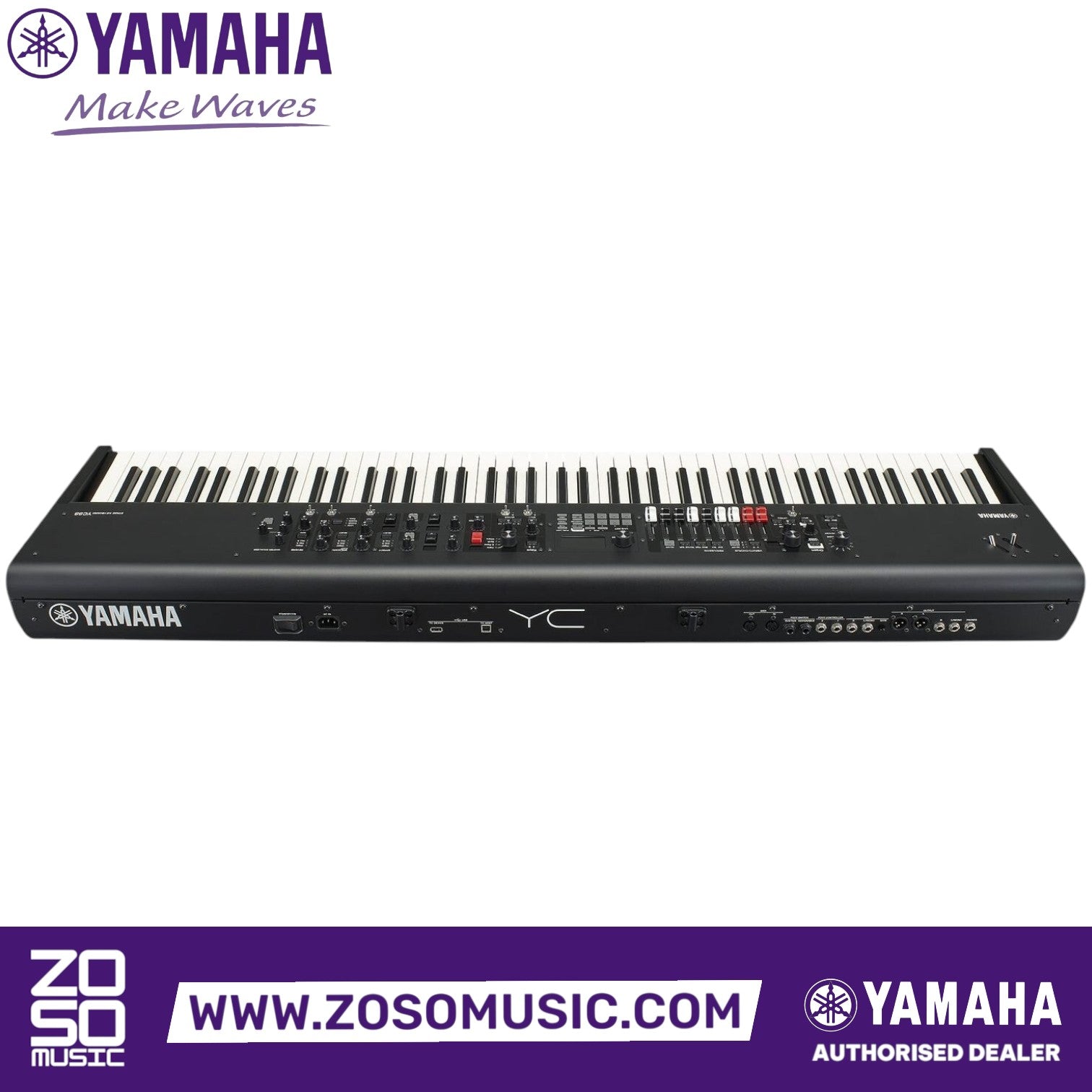 Zoso Music Yamaha YC88 88-key stage keyboard featuring a black chassis, drawbars, and hammer-action keys, rear view.