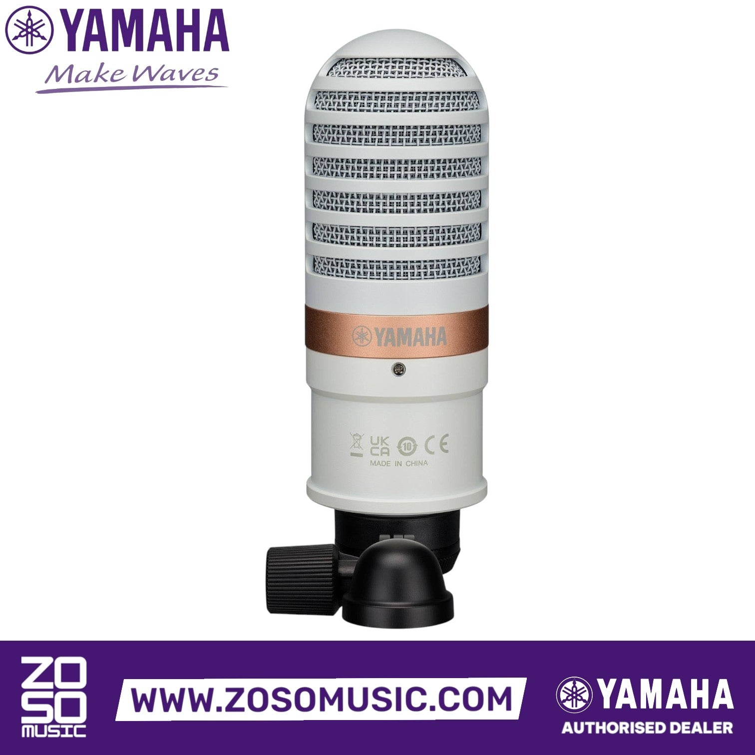 Zoso Music white Yamaha YCM01 cardioid condenser microphone with a sleek metal grille and copper-tone accent band.