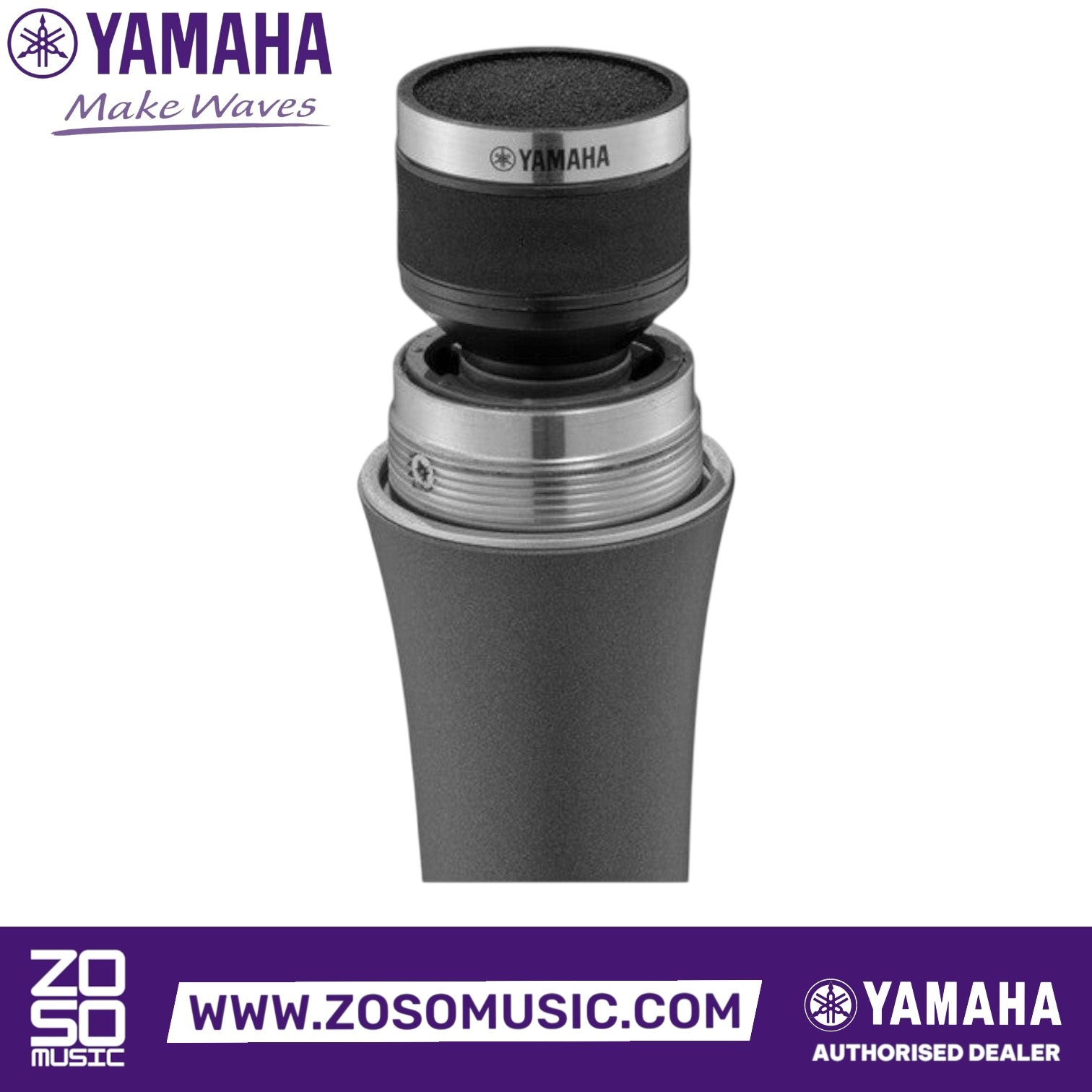 Zoso Music Yamaha YDM505 dynamic cardioid microphone in black with a detailed view of the capsule and grip