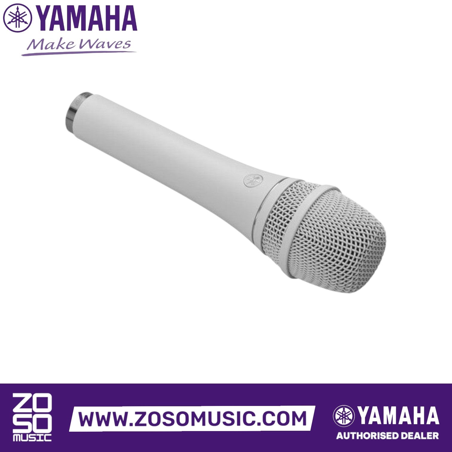 Zoso Music white Yamaha YDM707 dynamic supercardioid handheld microphone with a sleek, comfortable design.