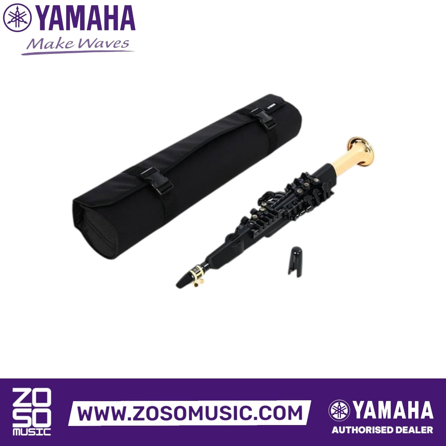 Zoso Music Yamaha YDS-150 digital saxophone with black body, gold brass bell, mouthpiece, and included soft case