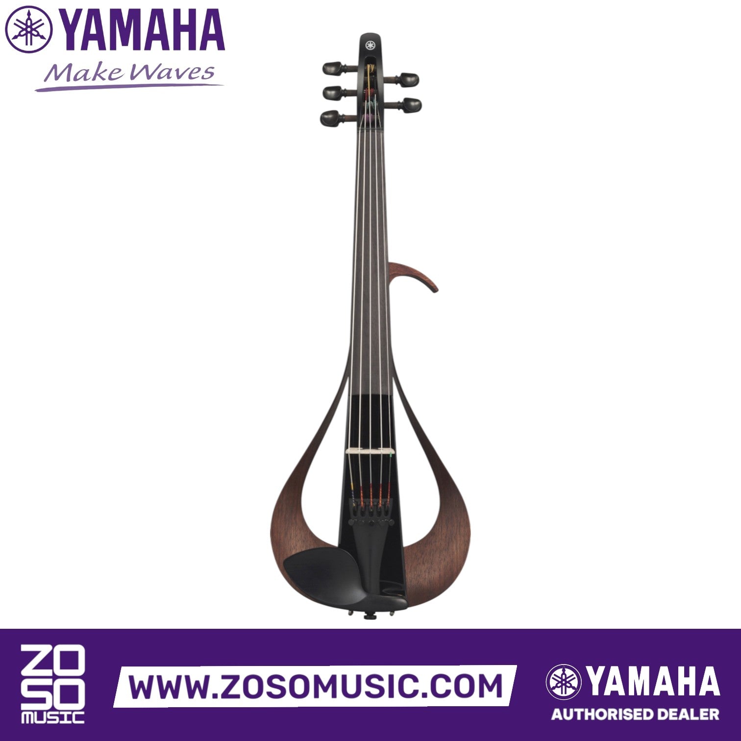 Zoso Music Yamaha YEV105 5-string electric violin in black with a unique infinity-loop walnut frame design.