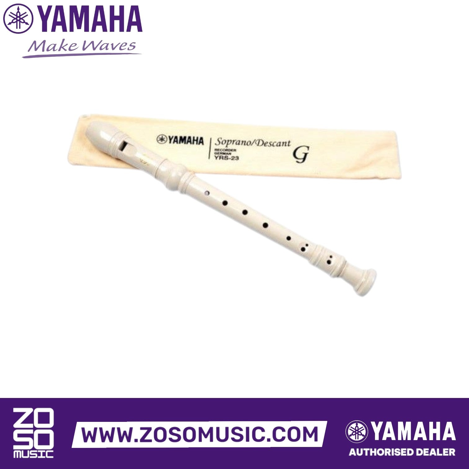 Zoso Music Yamaha YRS23 soprano recorder in cream plastic with matching protective carrying case