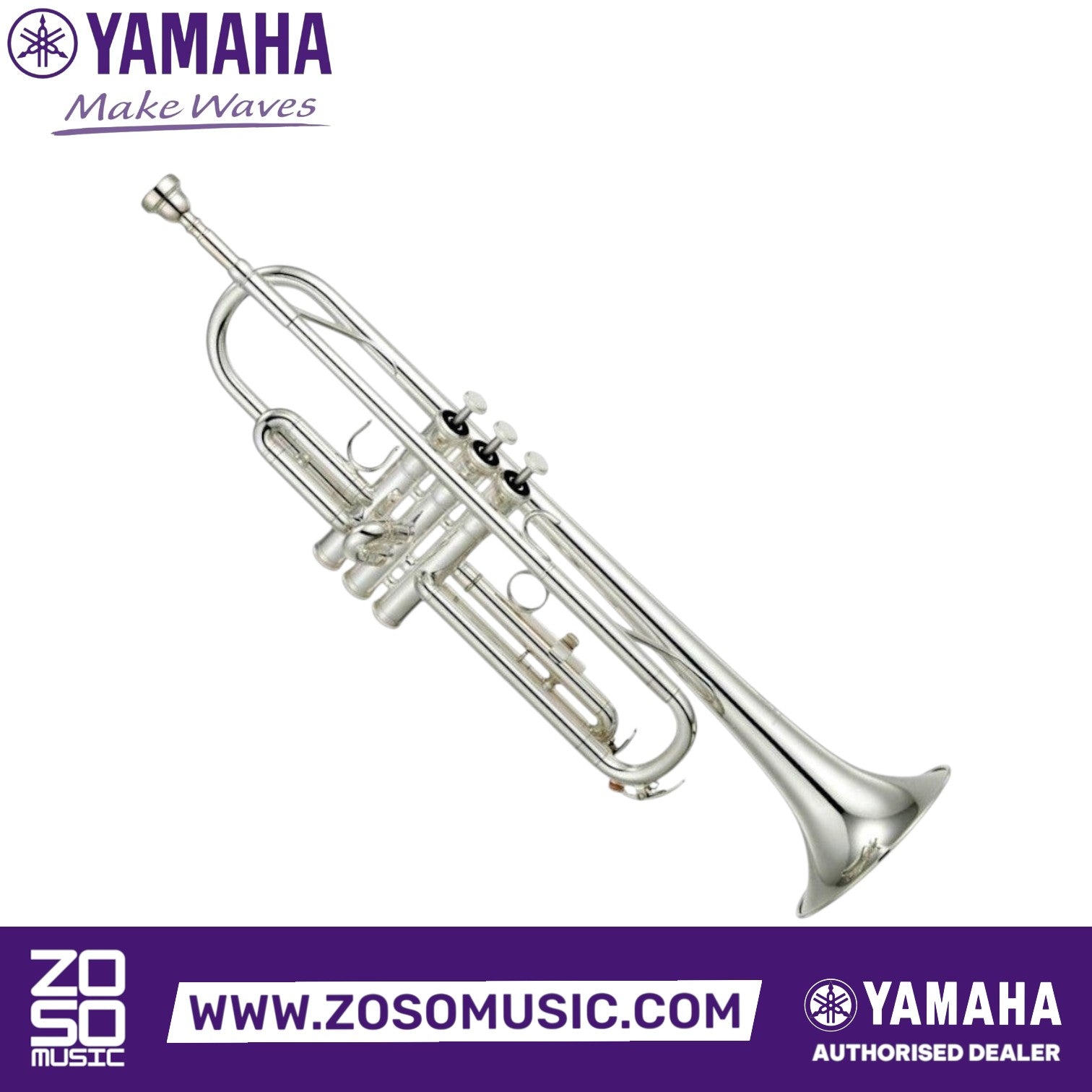 Zoso Music Yamaha YTR-2330S silver Bb trumpet with yellow brass bell and monel alloy pistons for student musicians