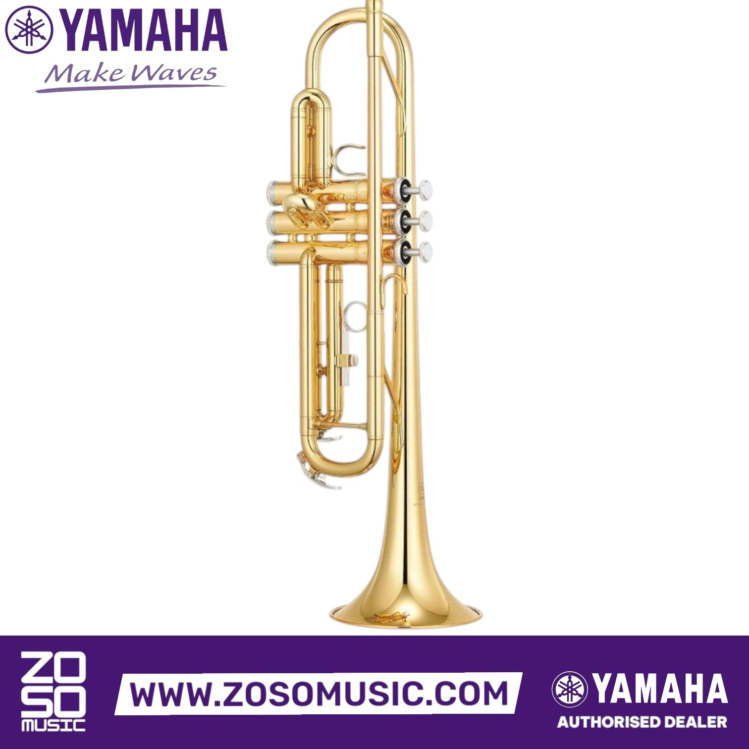 Zoso Music Yamaha YTR-3335 student Bb trumpet in polished yellow brass with a reversed main tuning slide