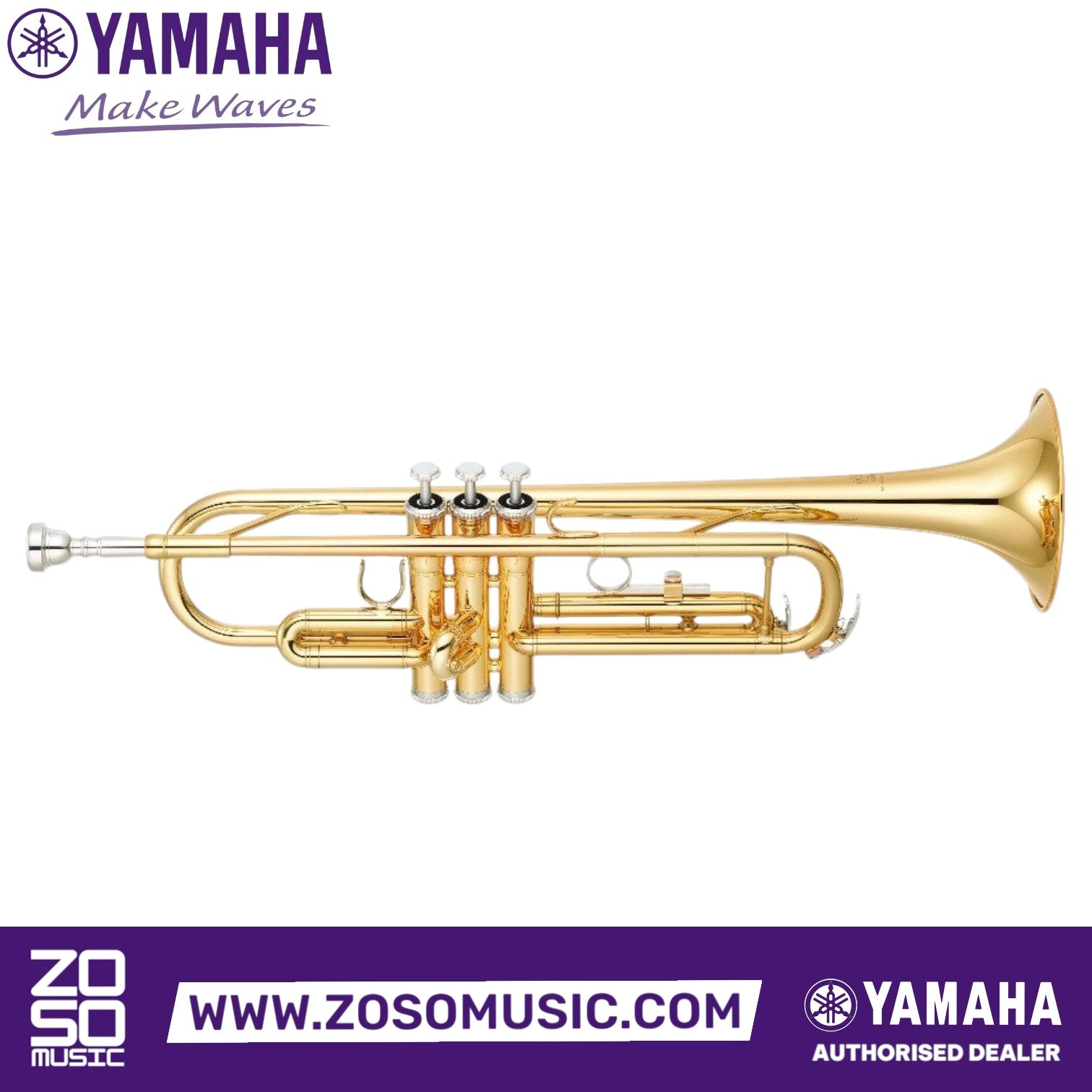 Zoso Music Yamaha YTR-3335 student Bb trumpet in polished yellow brass with a reversed main tuning slide