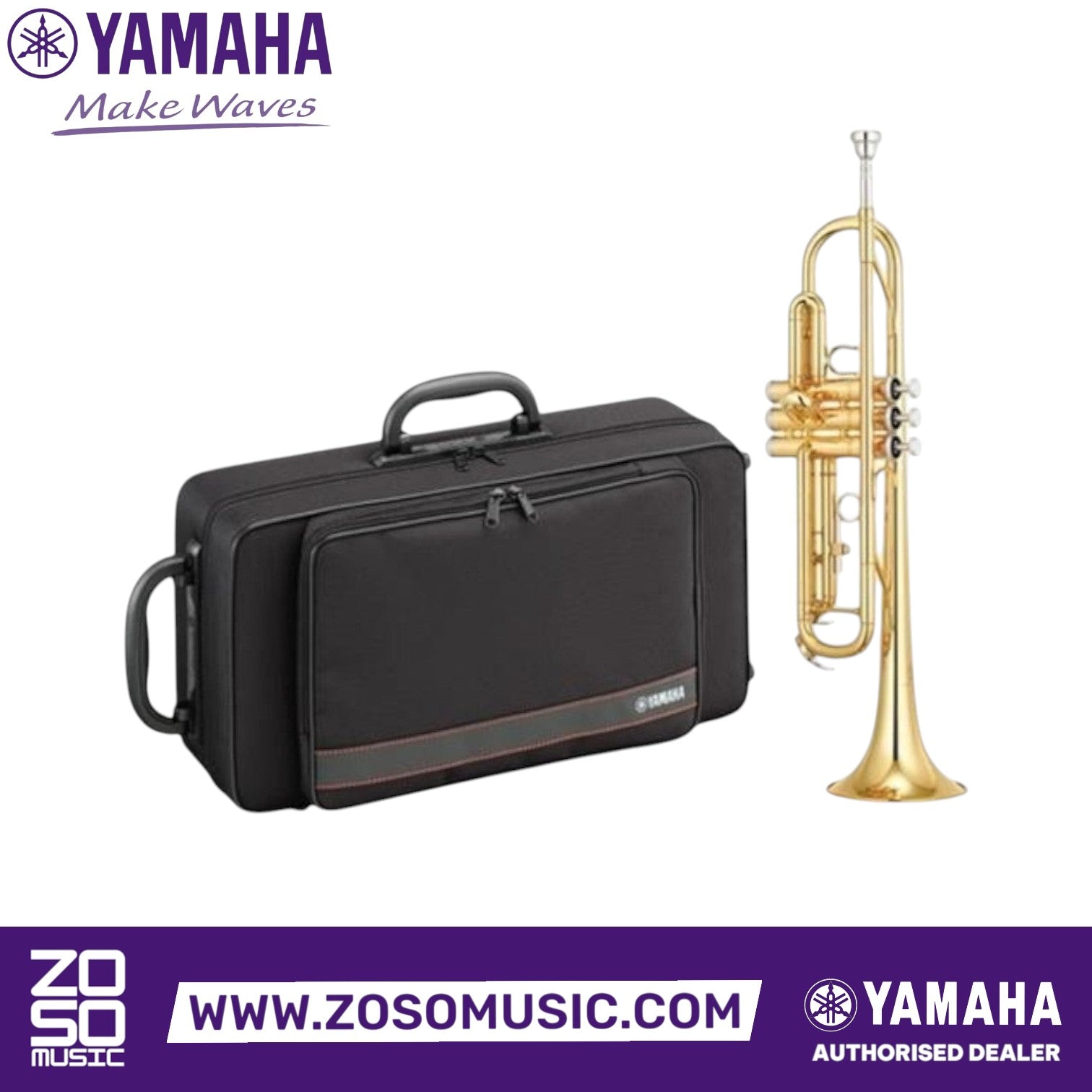 Zoso Music Yamaha YTR-3335 student Bb trumpet in yellow brass with a black protective carrying case
