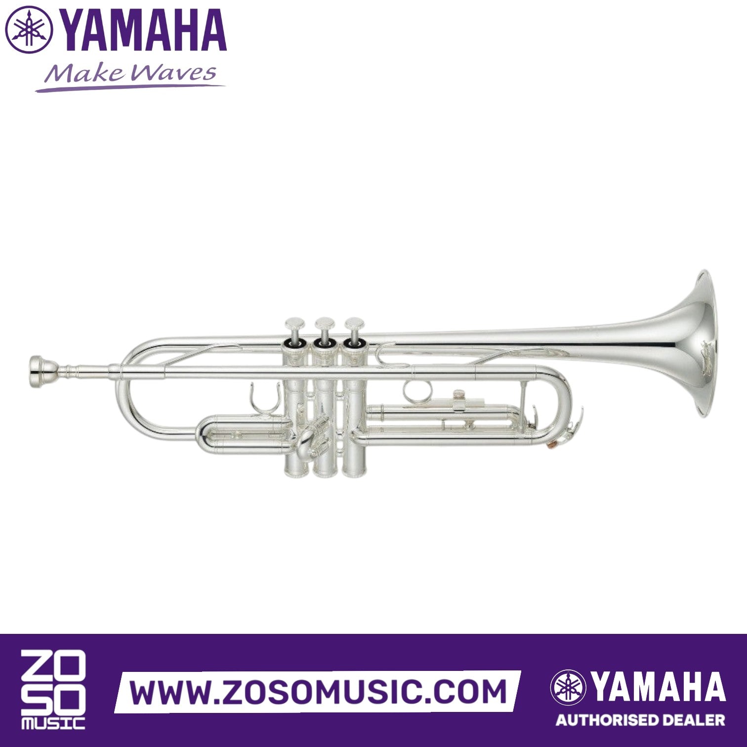 Zoso Music Yamaha YTR-3335S student Bb trumpet in silver-plated finish with reversed main tuning slide and brace.