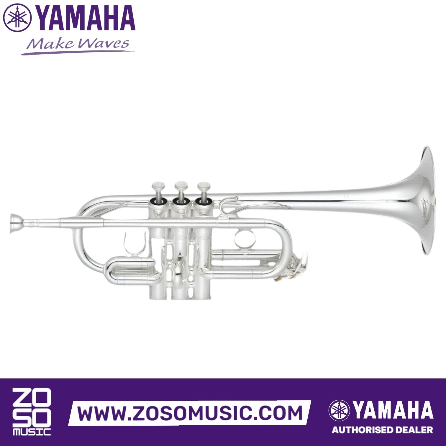 Zoso Music Yamaha YTR-6610S professional silver-plated Eb/D lightweight trumpet with three monel valves.