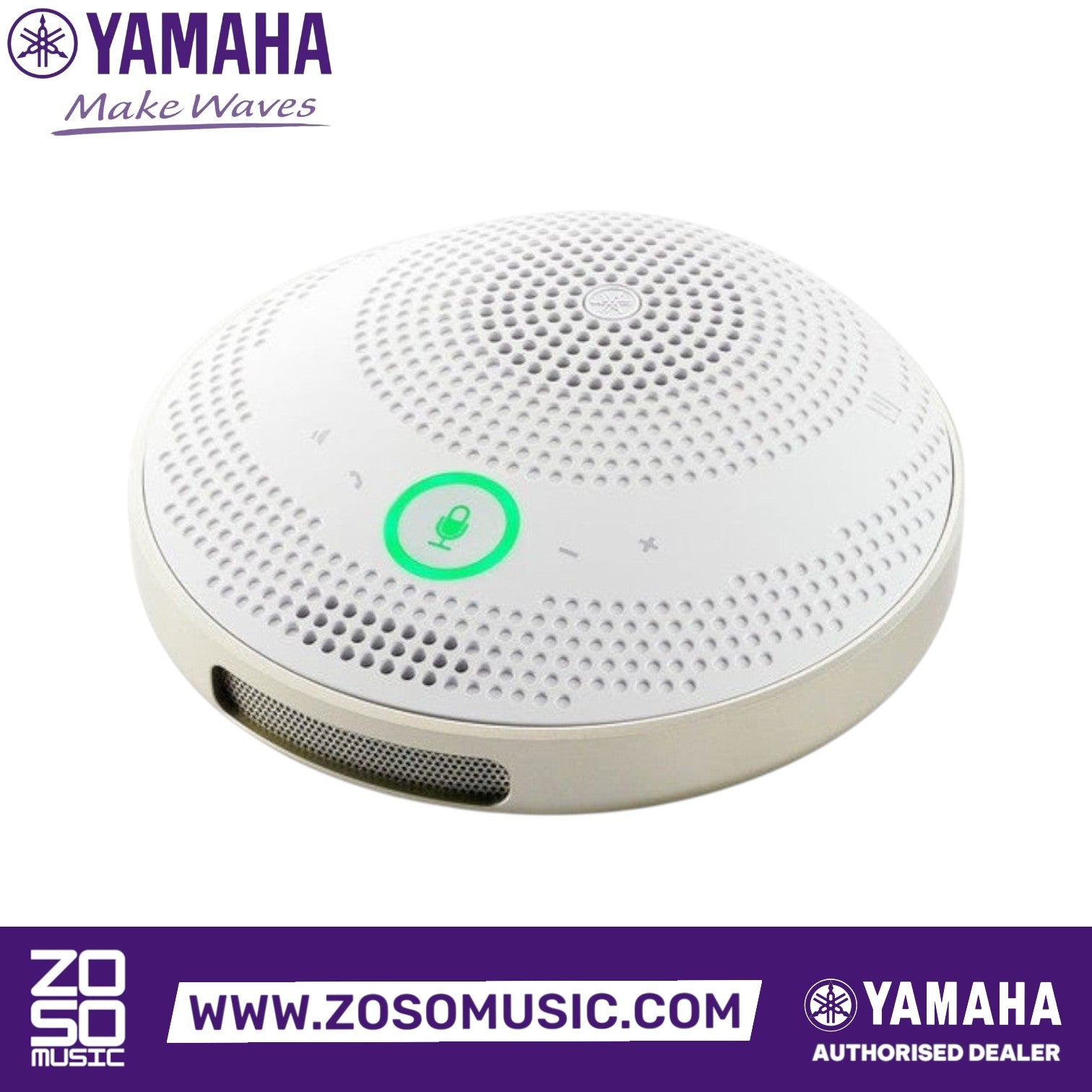 Zoso Music white Yamaha YVC-200 portable USB speakerphone with 360-degree microphone and illuminated green icon