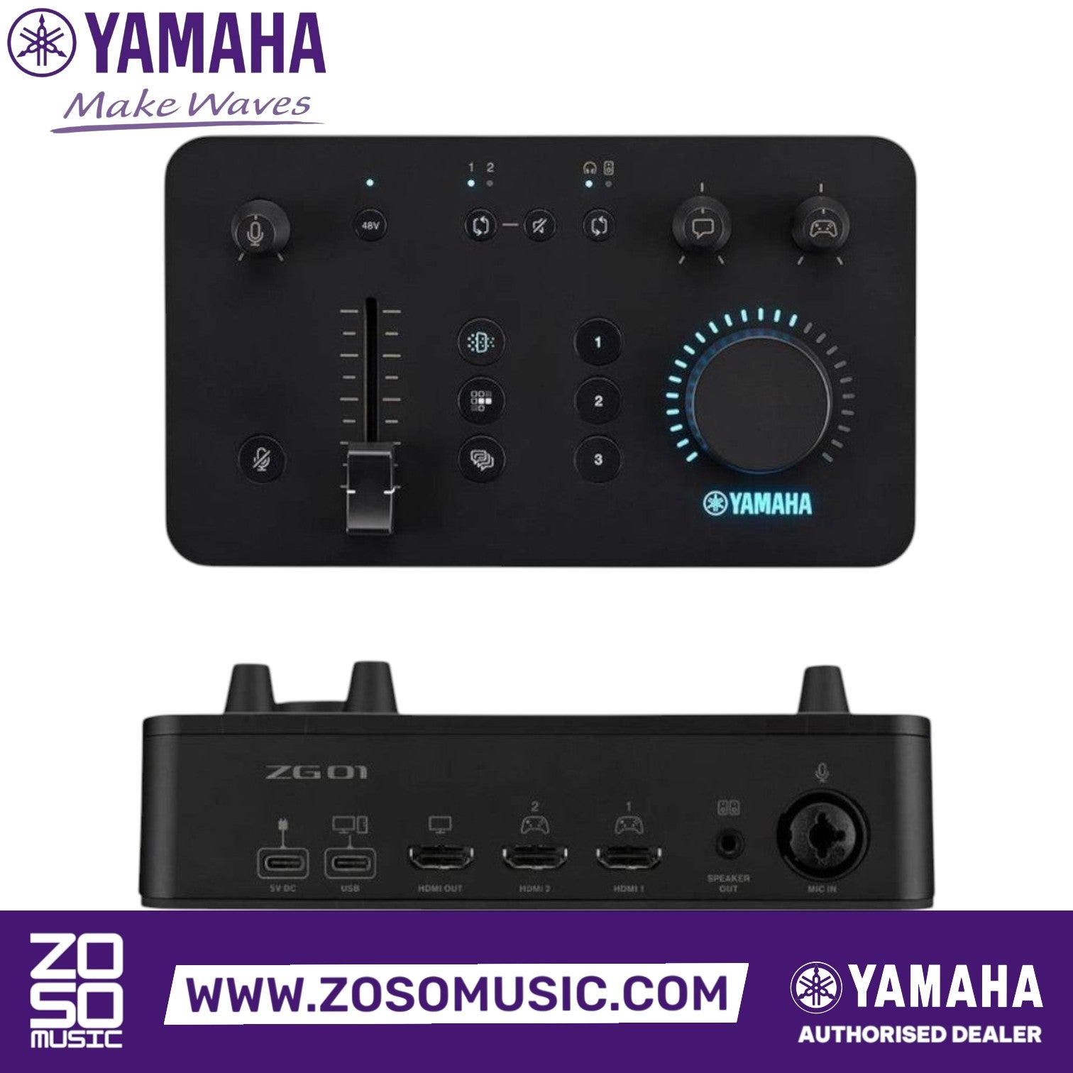 Zoso Music Yamaha ZG01 game streaming audio mixer showing top control panel and rear HDMI and microphone ports