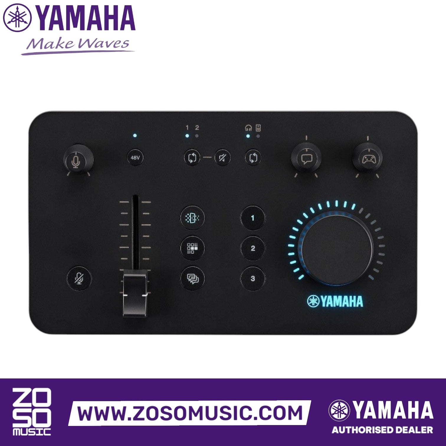 Zoso Music Yamaha ZG01 game streaming audio mixer in black with intuitive volume controls and LED effect buttons.