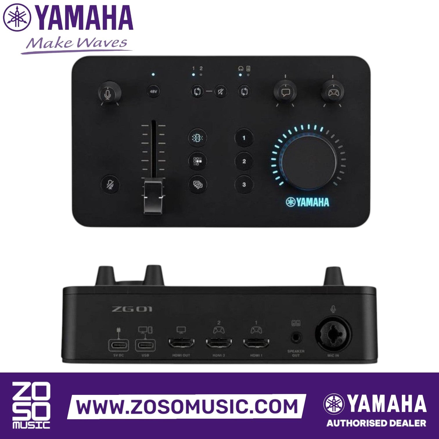 Zoso Music Yamaha ZG01 game streaming audio mixer showing top control panel and rear connection ports in black