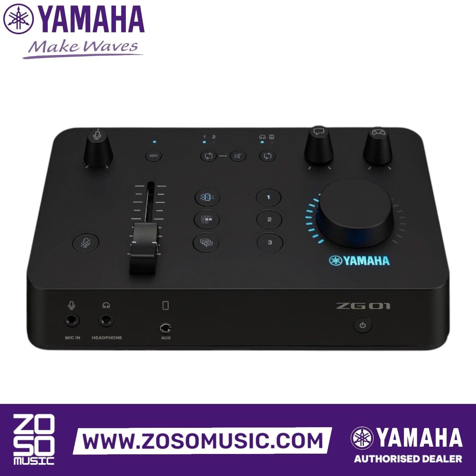 Zoso Music Yamaha ZG01 game streaming audio mixer in black with intuitive volume controls and effect buttons