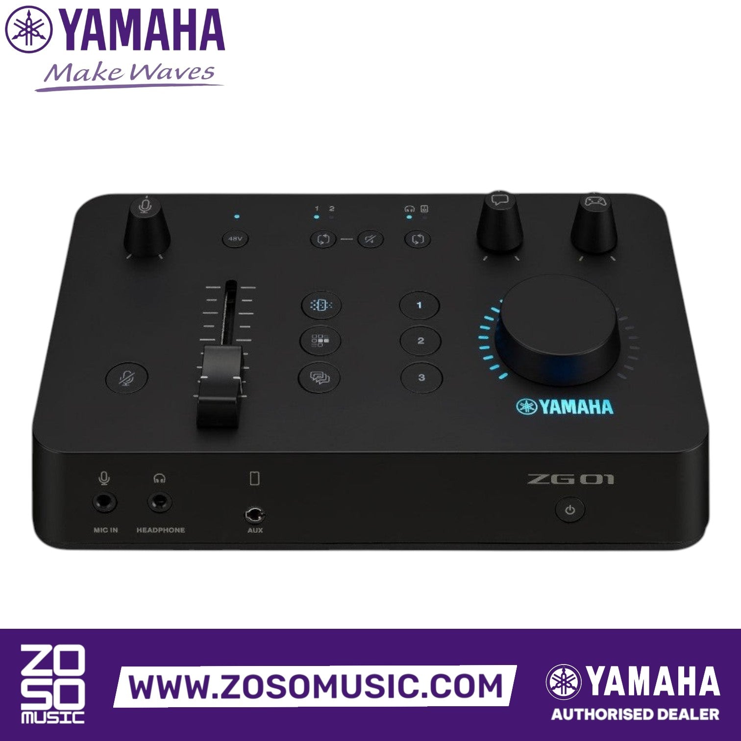 Zoso Music Yamaha ZG01 game streaming audio mixer with physical volume controls and LED indicators on a black console.