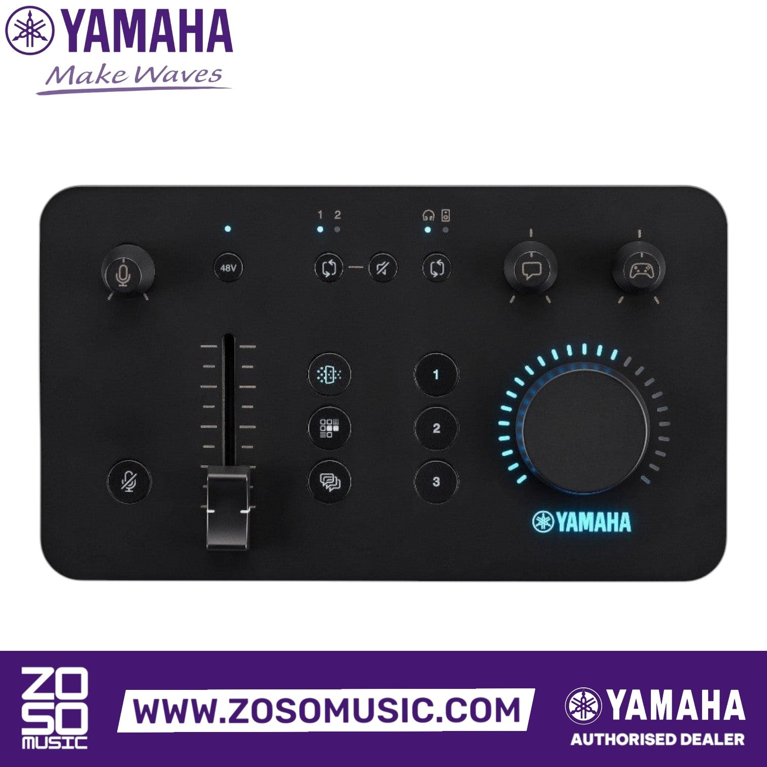 Zoso Music Yamaha ZG01 black game streaming audio mixer with intuitive physical controls and LED indicators