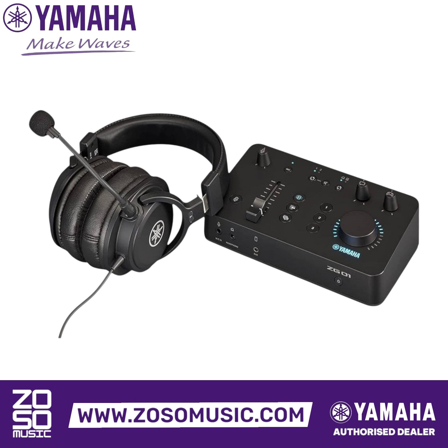 Zoso Music Yamaha ZG01 Game Streaming Pack featuring a black audio mixer and YH-G01 gaming headset with microphone.