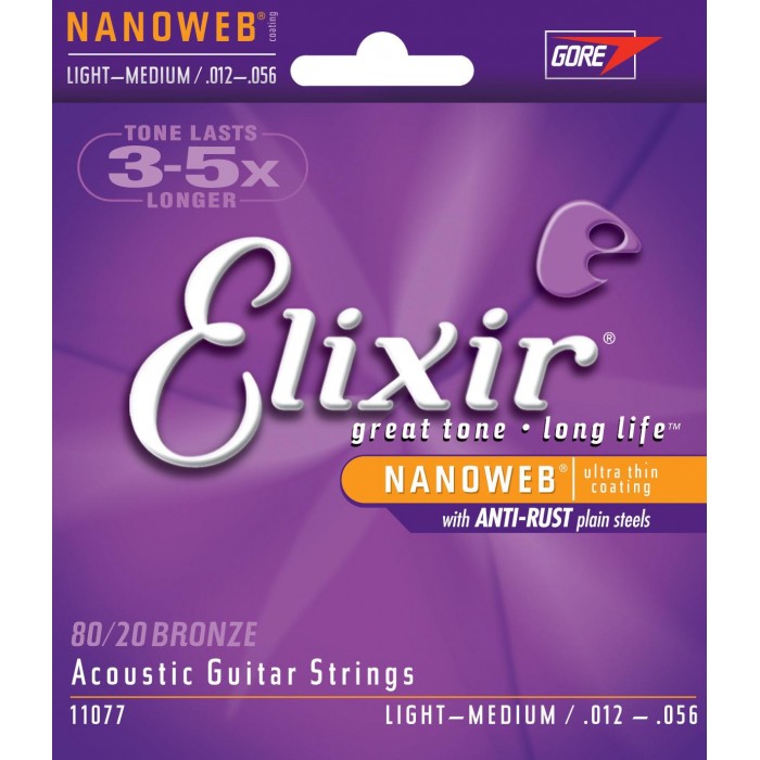 ELIXIR 11077 ACOUSTIC GUITAR STRING LIGHT-MEDIUM (012-056) 80/20 BRONZE NANOWEB | ELIXIR , Zoso Music