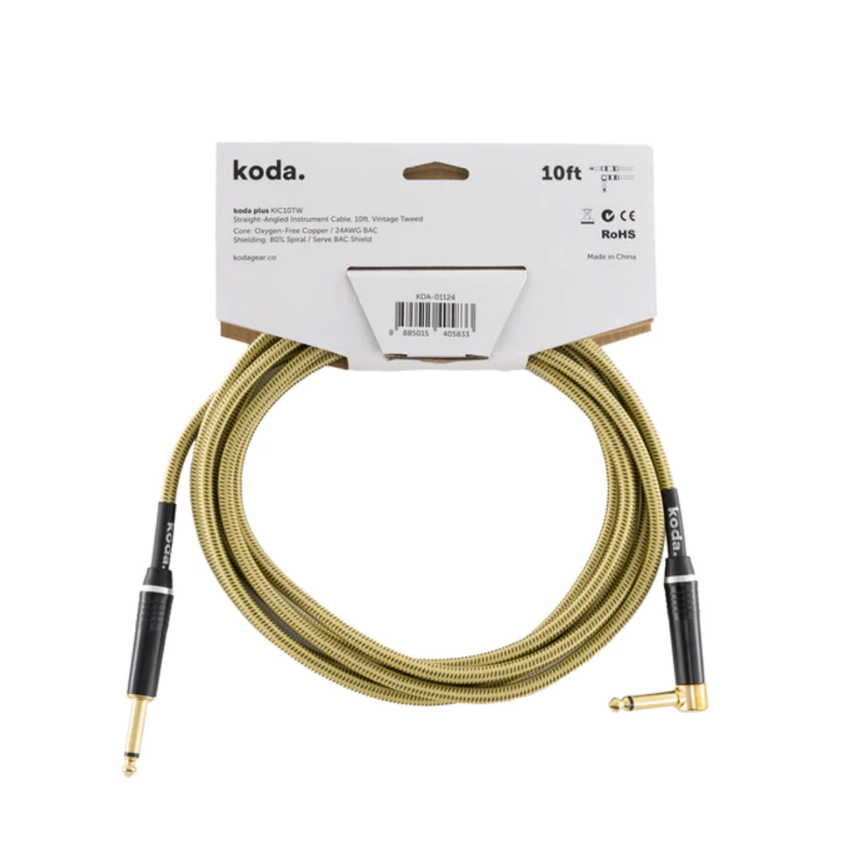 koda plus KIC10TW Straight-Angled Instrument Cable, 10ft, Vintage Tweed