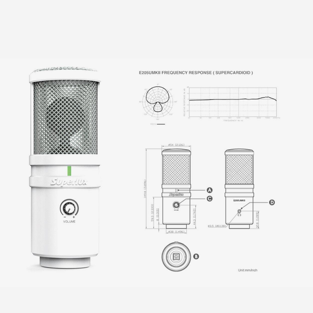 SUPERLUX E205U MKII USB STUDIO CONDENSER MICROPHONE COLOUR WHITE, SUPERLUX, CONDENSER MICROPHONE, superlux-microphone-sup-e205u-mkii-wh, ZOSO MUSIC SDN BHD