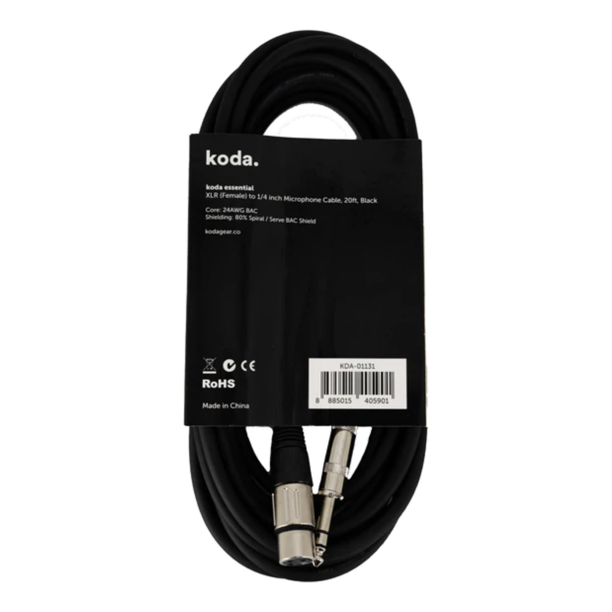 koda essential XLR (Female) to 1/4inch Microphone Cable, 20ft, Black |  KODA |  CABLES |  Zoso Music