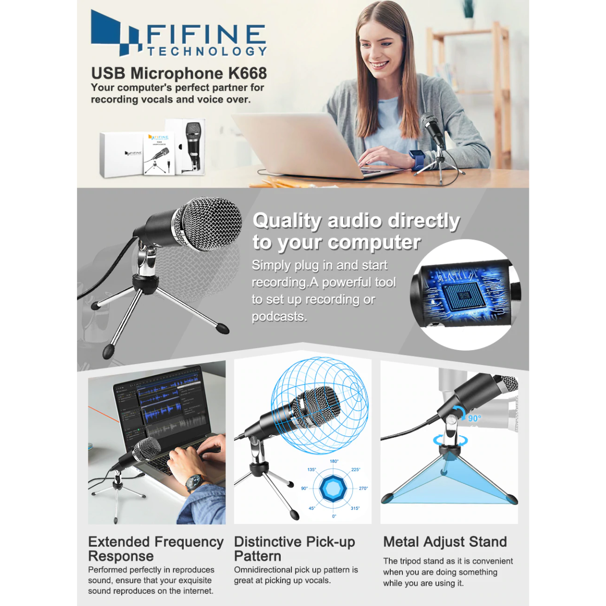 FIFINE K668 USB Microphone, Plug and Play Home Studio USB Condenser Microphone for Skype, Recordings for YouTube, Google Voice Search, Games-Windows or Mac (K-668)