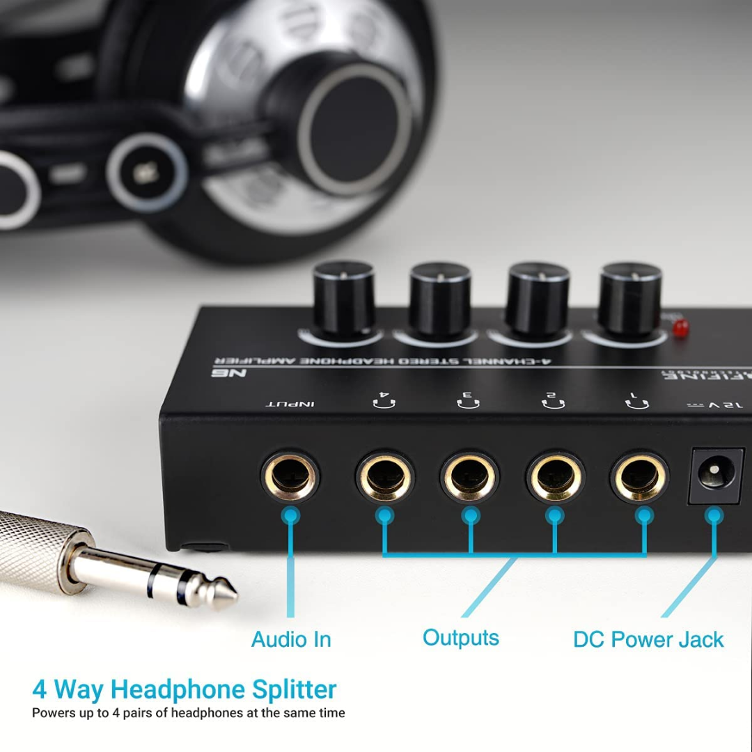 FIFINE N6 Headphone Amplifier 4 Channels Metal Stereo Audio Amplifier,Mini Earphone Splitter with Power Adapter-4x Quarter Inch Balanced TRS Headphones Output and TRS Audio Input for Sound Mi, FIFINE, HEADPHONE AMPLIFIER, fifine-headphone-amplifier-n6, ZOSO MUSIC SDN BHD