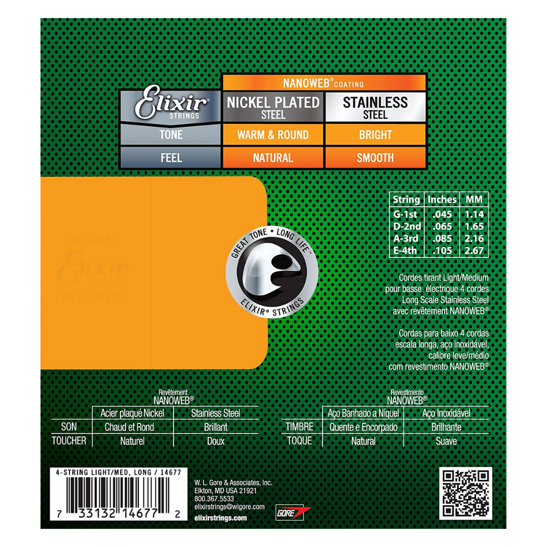 ELIXIR 14702 NANOWEB MEDIUM B LONG SCALE STAINLESS STEEL 4 STRING BASS GUITAR STRING | ELIXIR , Zoso Music
