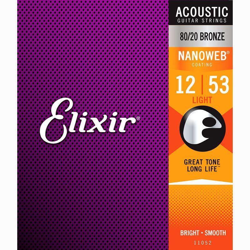 Elixir 11052 Nanoweb 80/20 Bronze Acoustic Guitar Strings, Light, 12-53