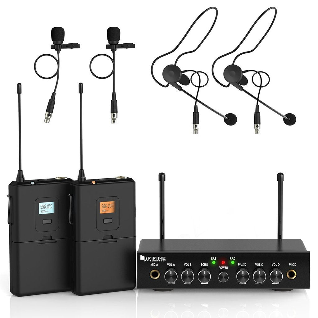 FIFINE K038 WIRELESS MICRPHONE SYSTEM UHF DUAL CHANNEL 2 HEADSET AND 2 LAPEL LAVALIER, FIFINE, WIRELESS MICROPHONE SYSTEM, fifine-microphone-k038, ZOSO MUSIC SDN BHD