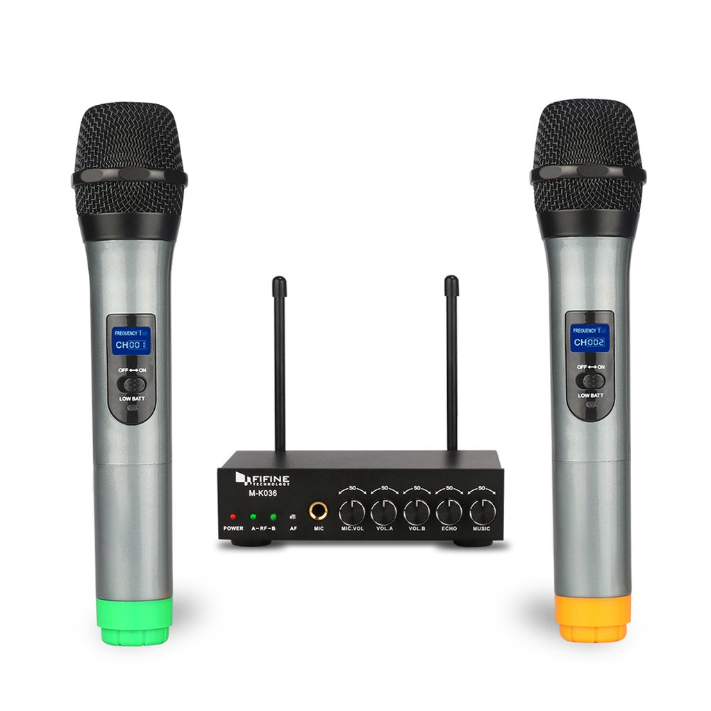 FIFINE K036 UHF DUAL CHANNEL WIRELESS HANDHELD MICROPHONE SYSTEM VOCAL MIC 2 HANDHELD, FIFINE, WIRELESS MICROPHONE SYSTEM, fifine-wireless-microphone-system-k036, ZOSO MUSIC SDN BHD
