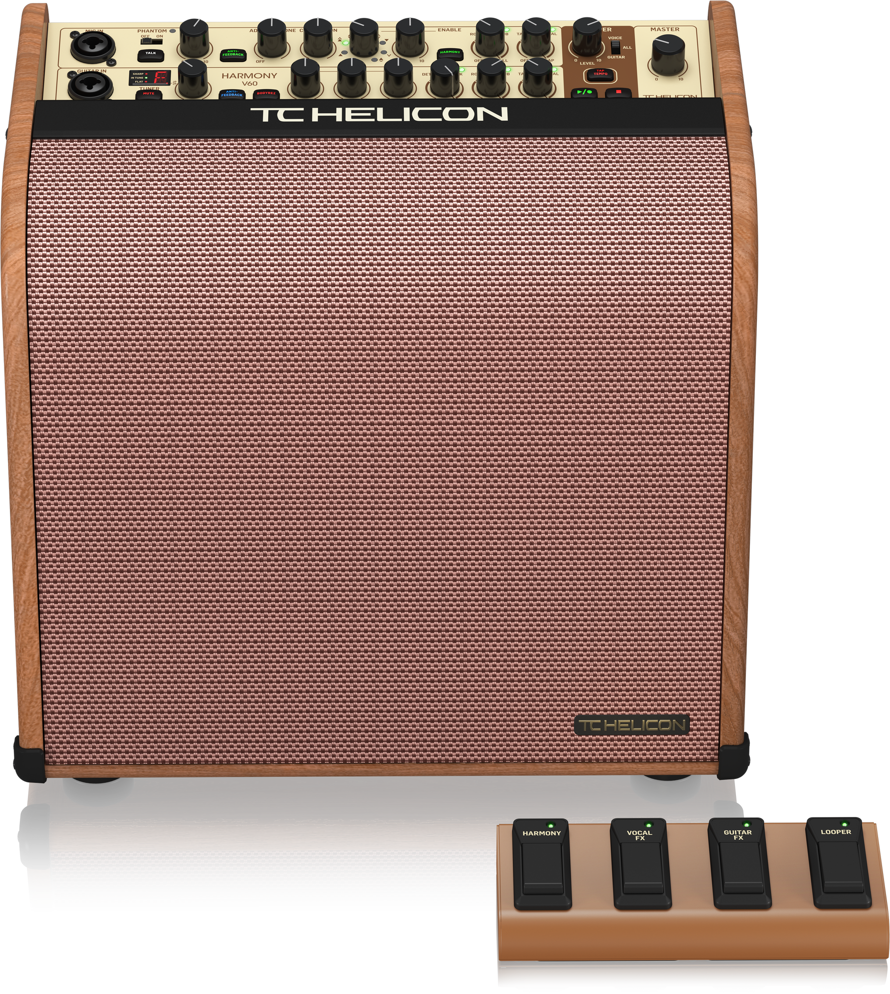 TC HELICON HARMONY V60 60 WATT 2 CHANNEL ACOUSTIC AMPLIFIER WITH VOCAL PROCESSING, LOOPER, TANNOY DUAL CONCENTRIC SPEAKER AND 4-BUTTON FOOTSWITCH, TC HELICON, ACOUSTIC AMPLIFIER, tc-helicon-acoustic-amp-harmony-v60, ZOSO MUSIC SDN BHD