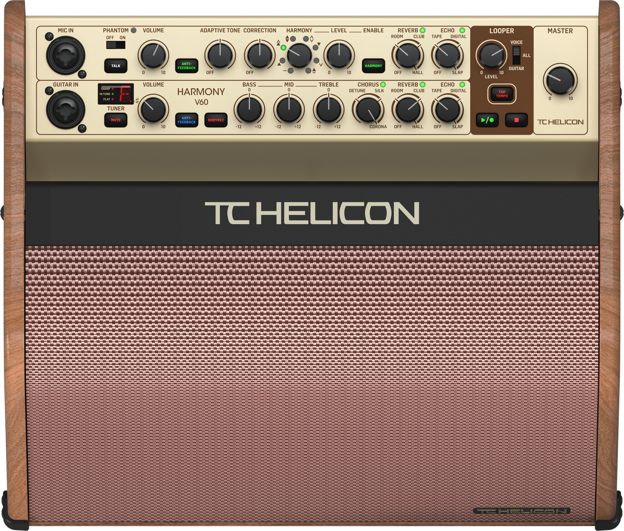 TC HELICON HARMONY V60 60 WATT 2 CHANNEL ACOUSTIC AMPLIFIER WITH VOCAL PROCESSING, LOOPER, TANNOY DUAL CONCENTRIC SPEAKER AND 4-BUTTON FOOTSWITCH, TC HELICON, ACOUSTIC AMPLIFIER, tc-helicon-acoustic-amp-harmony-v60, ZOSO MUSIC SDN BHD