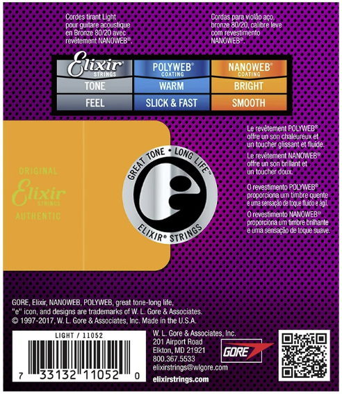 Elixir 11052 Nanoweb 80/20 Bronze Acoustic Guitar Strings, Light, 12-53