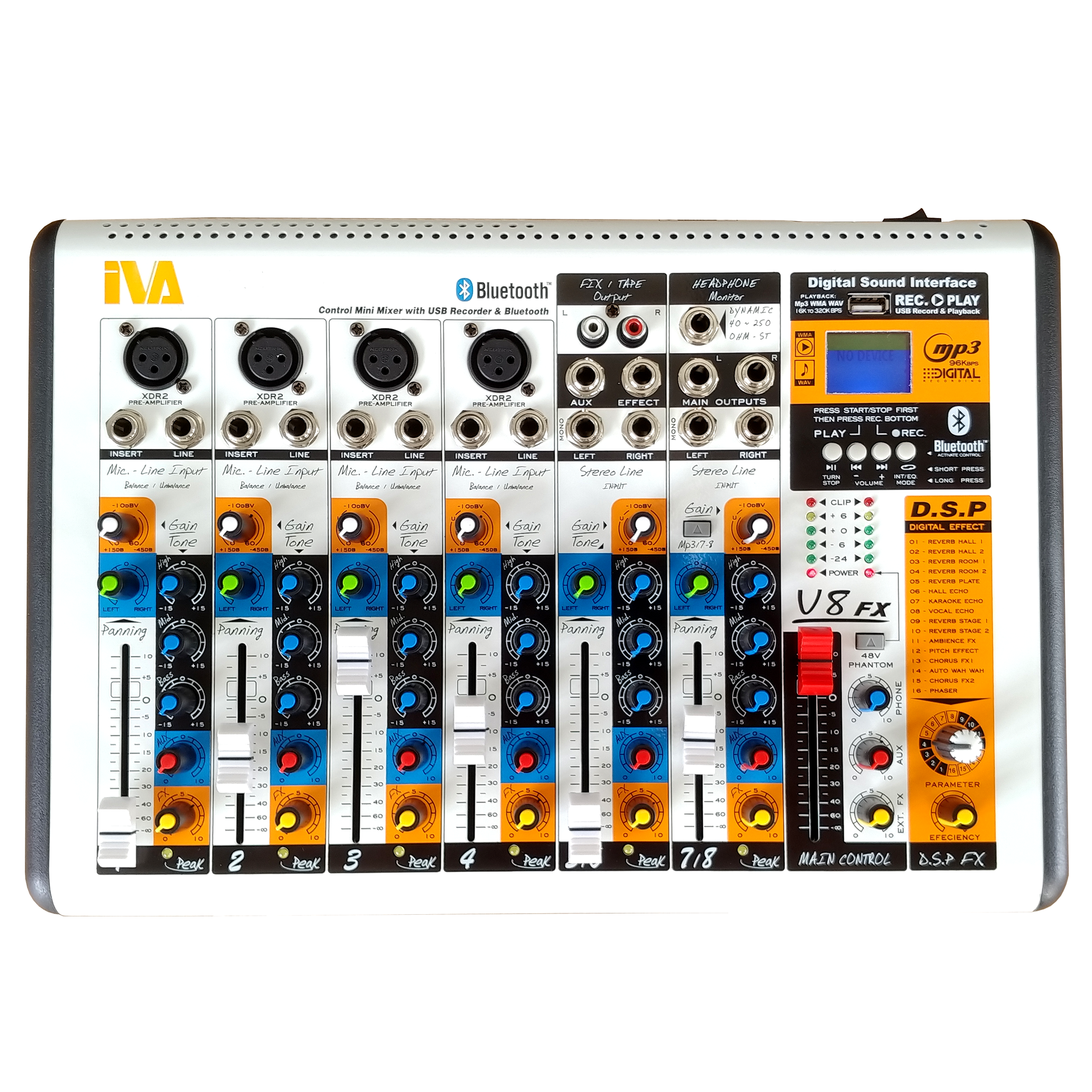 IVA V8FX 8 CHANNEL MIXER WITH BLUETOOTH, USB AND EFFECT FX